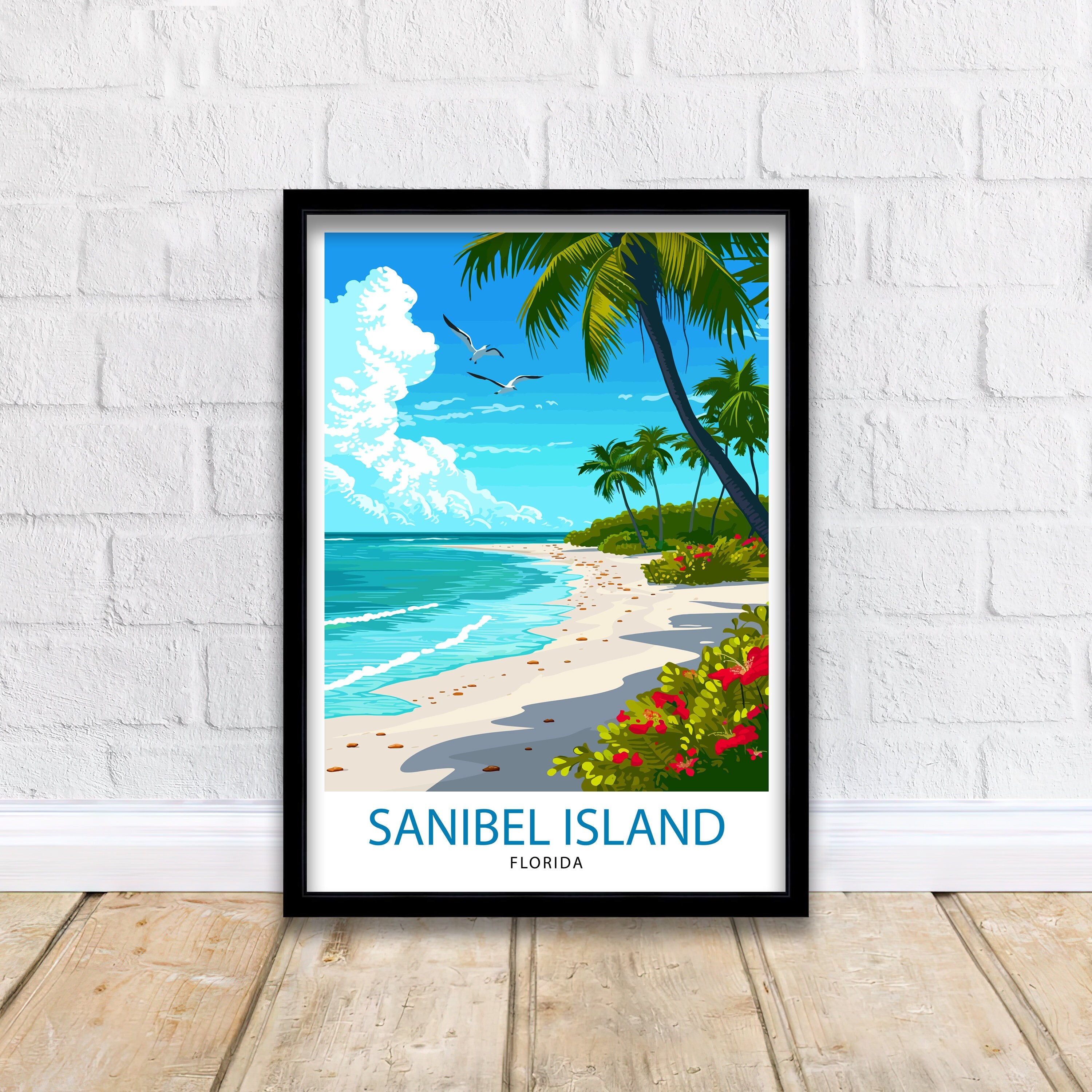 Sanibel Florida Print| Beach Paradise Art Sanibel Island Poster Coastal Wildlife Wall Decor Florida Gulf Coast Illustration Seashell