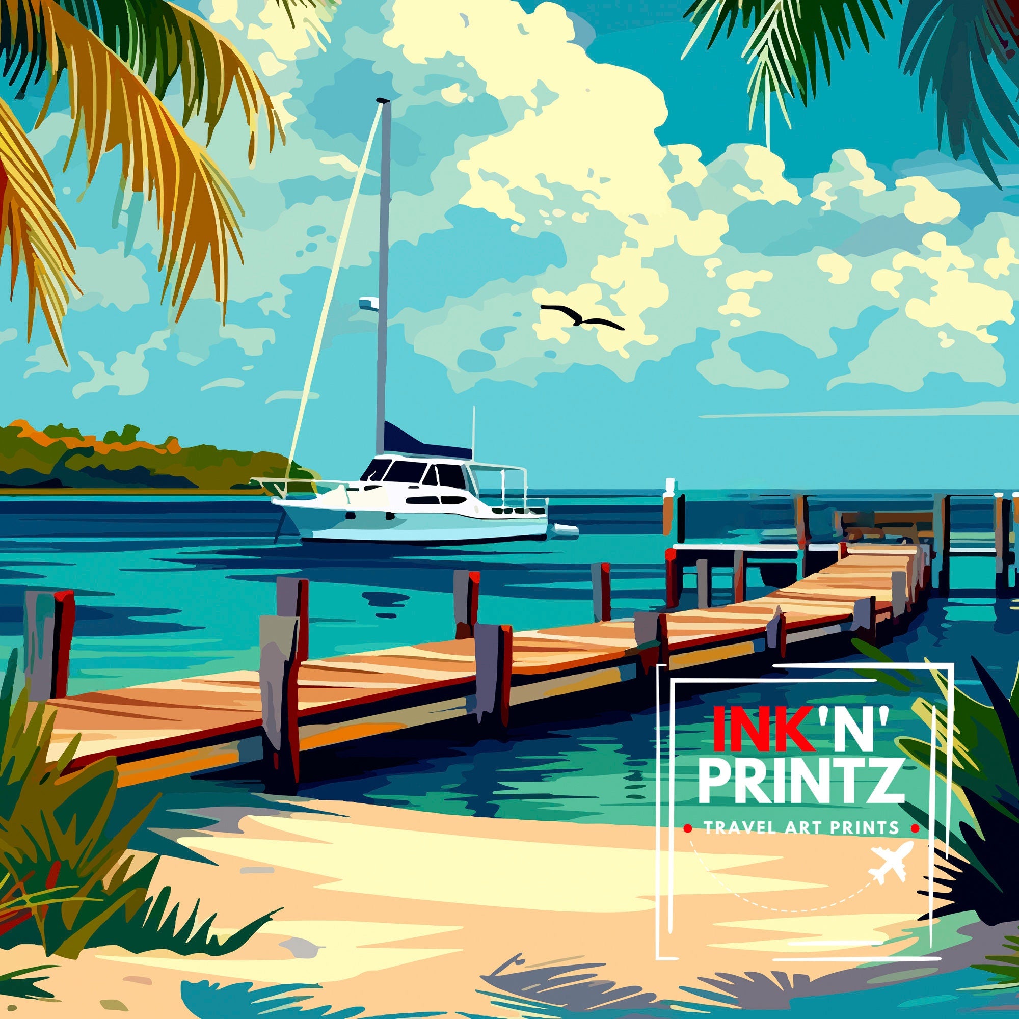 Key Largo Florida Print| Gateway to the Keys Art Coral Reef Poster Tropical Paradise Wall Decor Florida Keys Illustration Island Escape