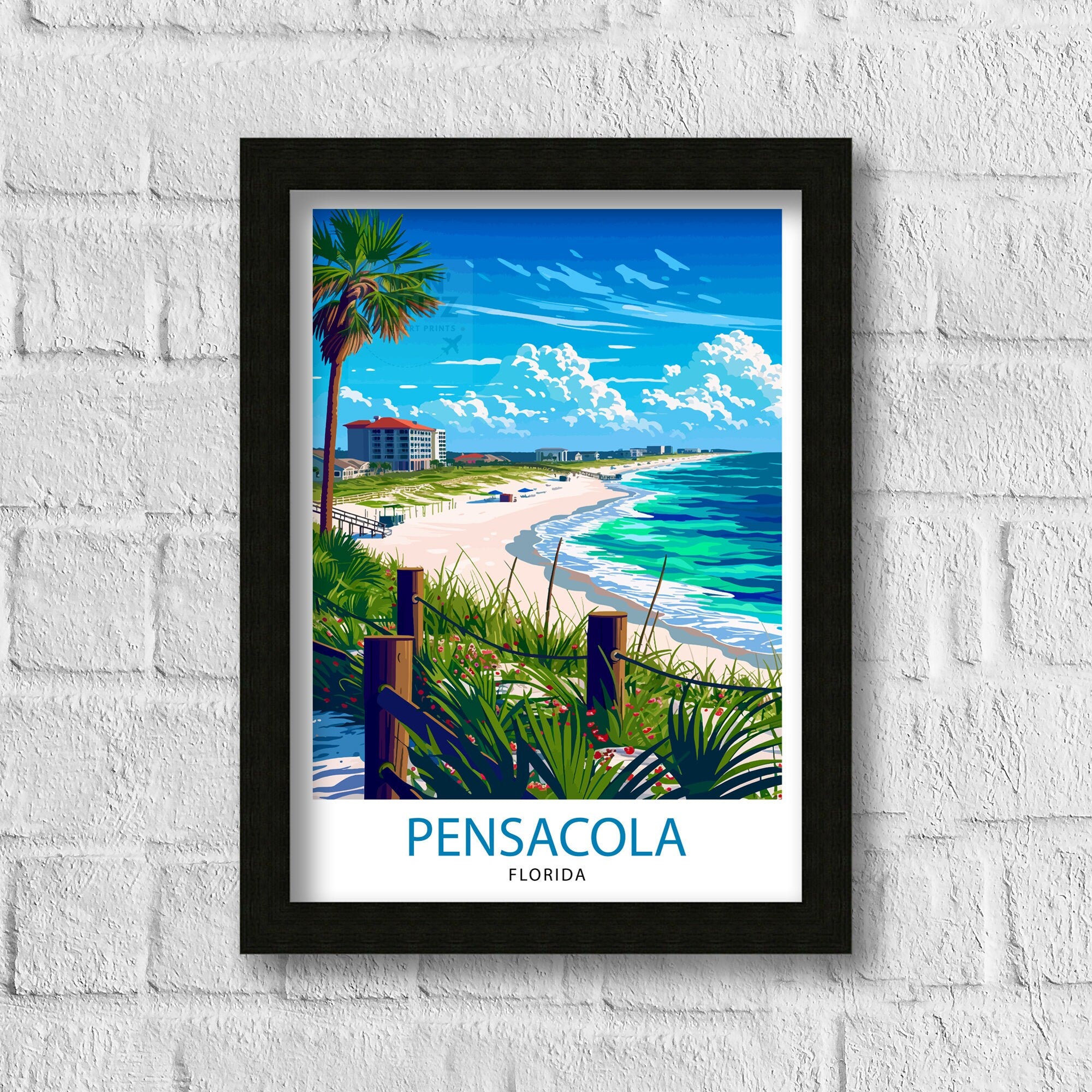 Pensacola Florida Print| Gulf Coast City Art Historic Seaside Town Poster Florida Panhandle Wall Decor Naval Aviation Illustration