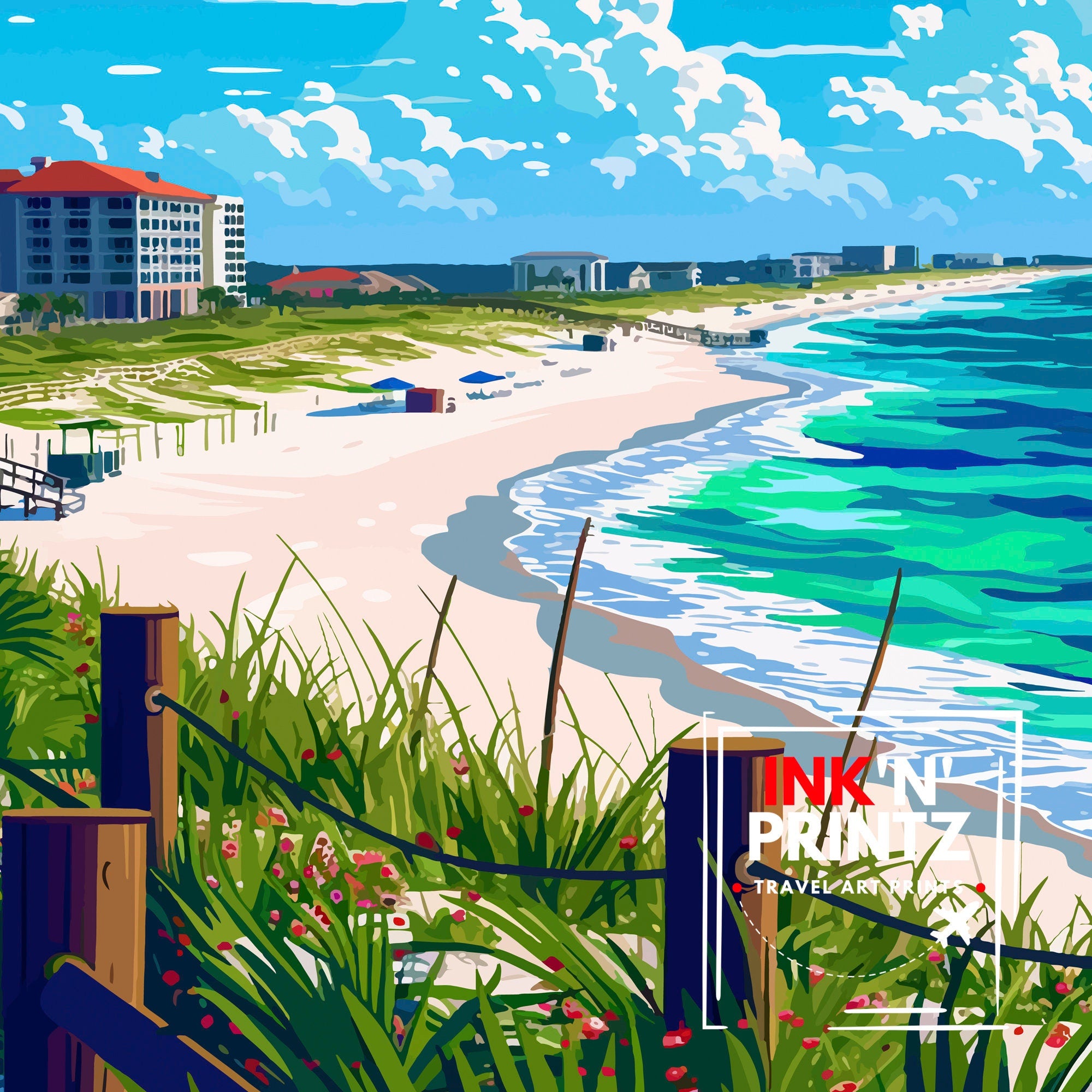 Pensacola Florida Print| Gulf Coast City Art Historic Seaside Town Poster Florida Panhandle Wall Decor Naval Aviation Illustration