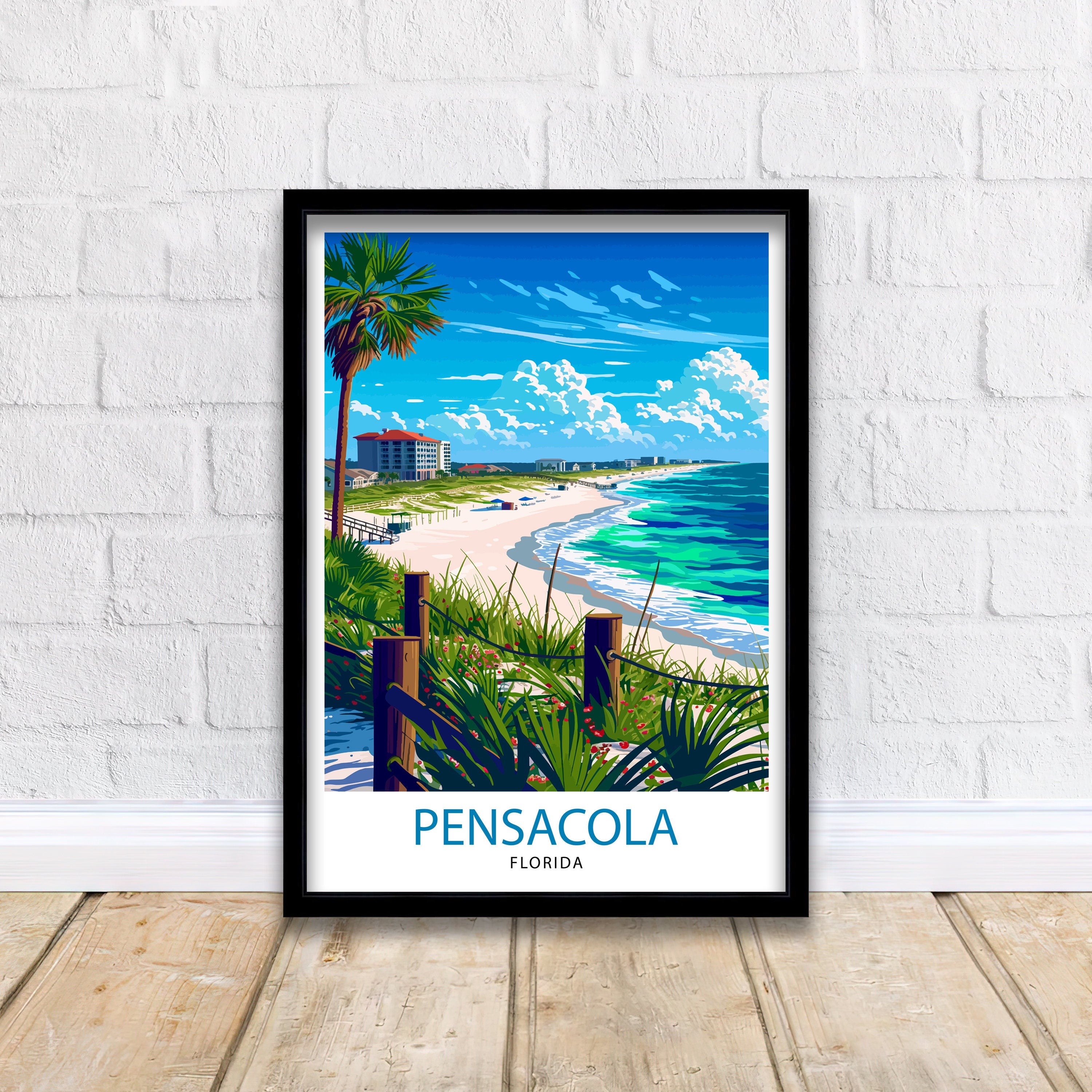 Pensacola Florida Print| Gulf Coast City Art Historic Seaside Town Poster Florida Panhandle Wall Decor Naval Aviation Illustration