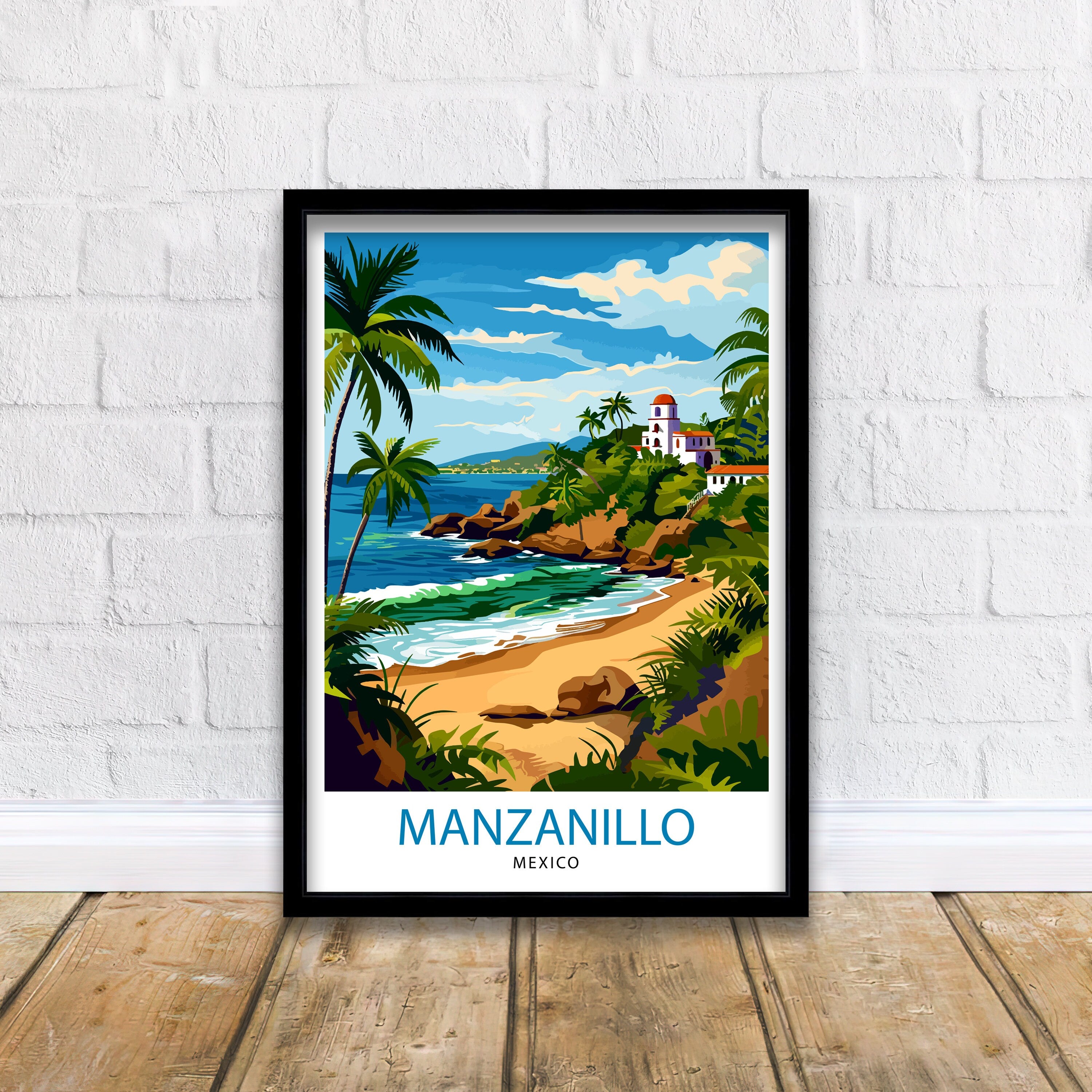 Manzanillo Mexico Travel Poster Tropical Paradise Art Mexican Beach Resort Print Pacific Coast Wall Decor Exotic Destination Illustration