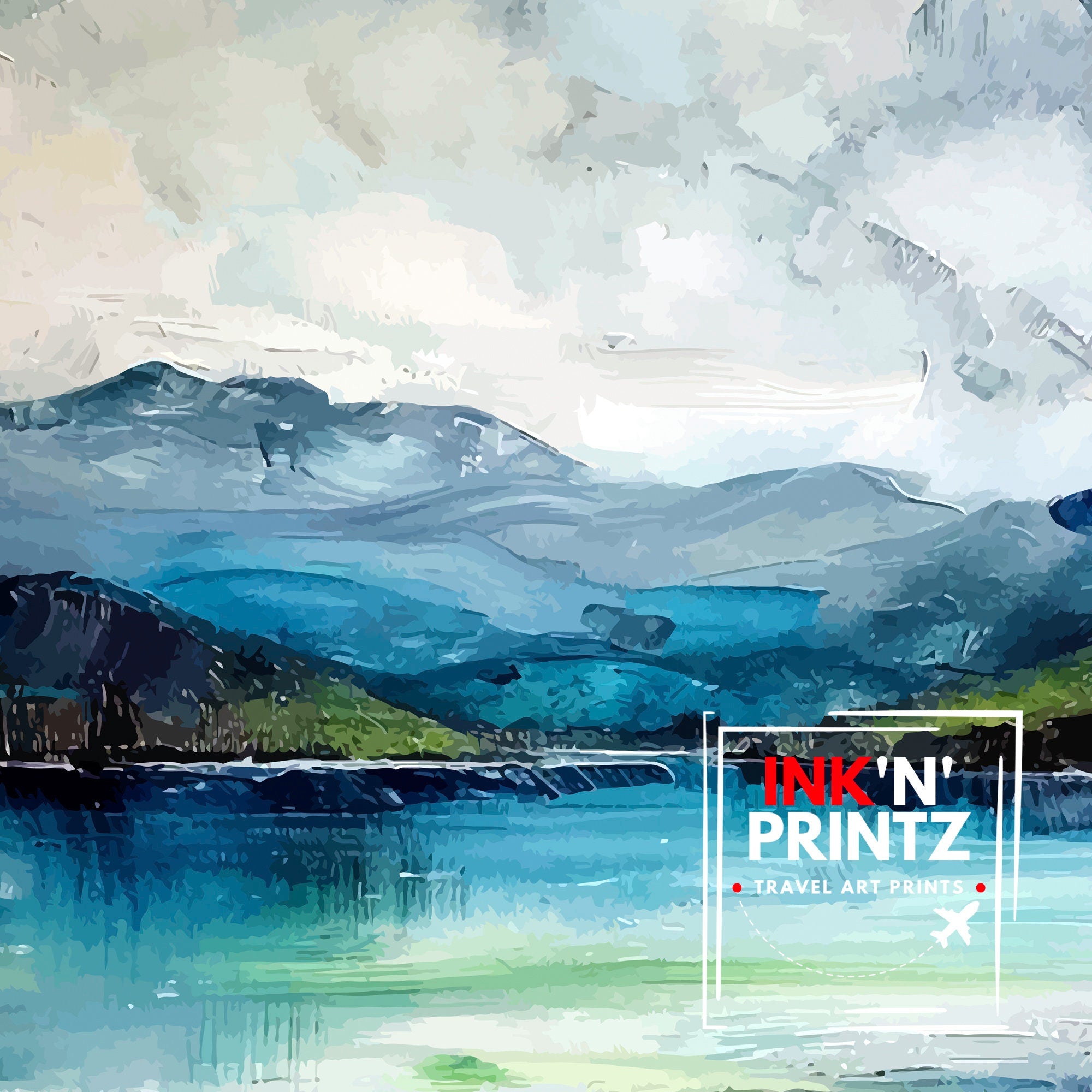 Derwentwater Abstract Art Poster Lake District Impressions Watercolor Lake Scene Cumbrian Lakes
