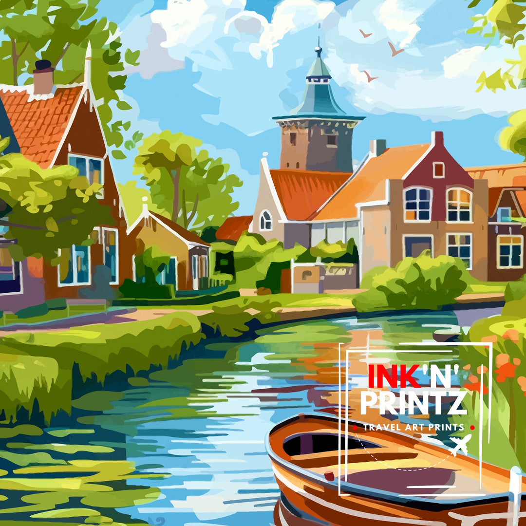 Edam Netherlands Travel Poster Charming Dutch Village Art Cheese Market Poster Historic Canal