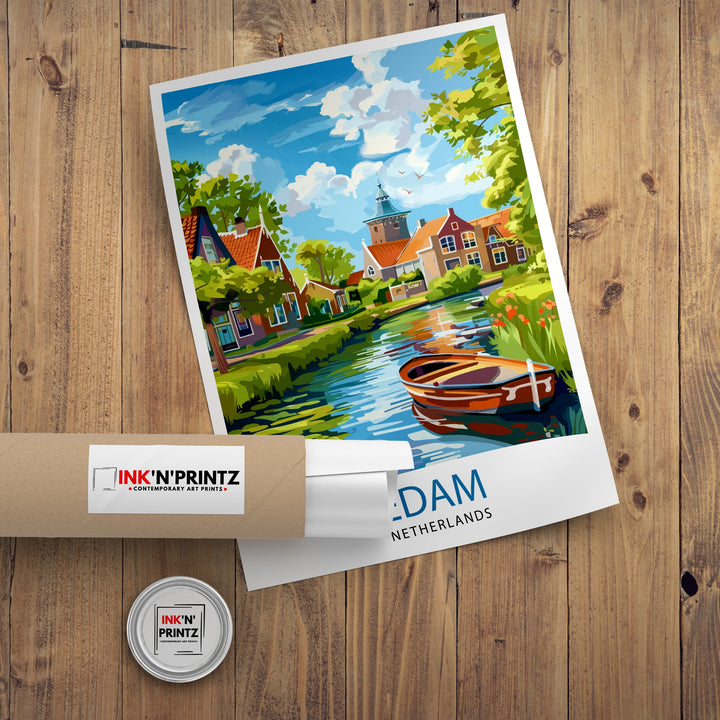 Edam Netherlands Travel Poster Charming Dutch Village Art Cheese Market Poster Historic Canal