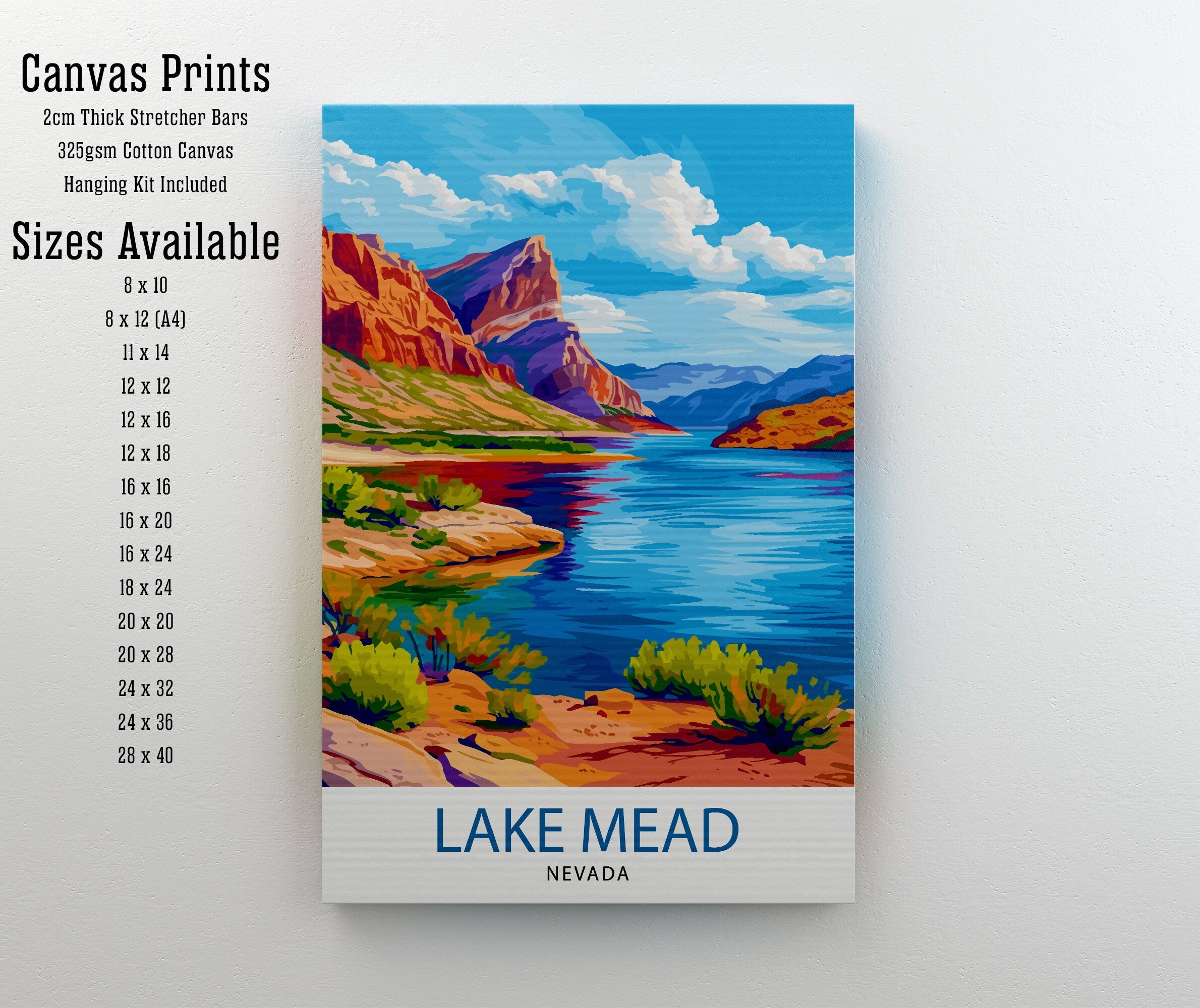 Lake Mead Nevada Print Desert Reservoir Art Hoover Dam Poster Recreational Area Wall Decor Southwest Landscape Illustration Water