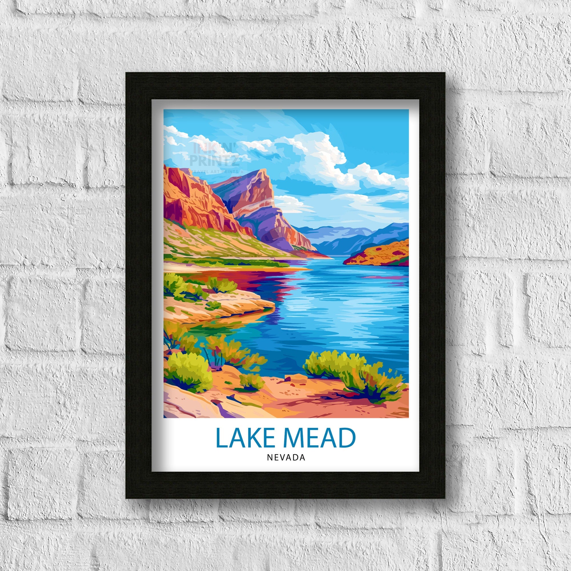 Lake Mead Nevada Print Desert Reservoir Art Hoover Dam Poster Recreational Area Wall Decor Southwest Landscape Illustration Water