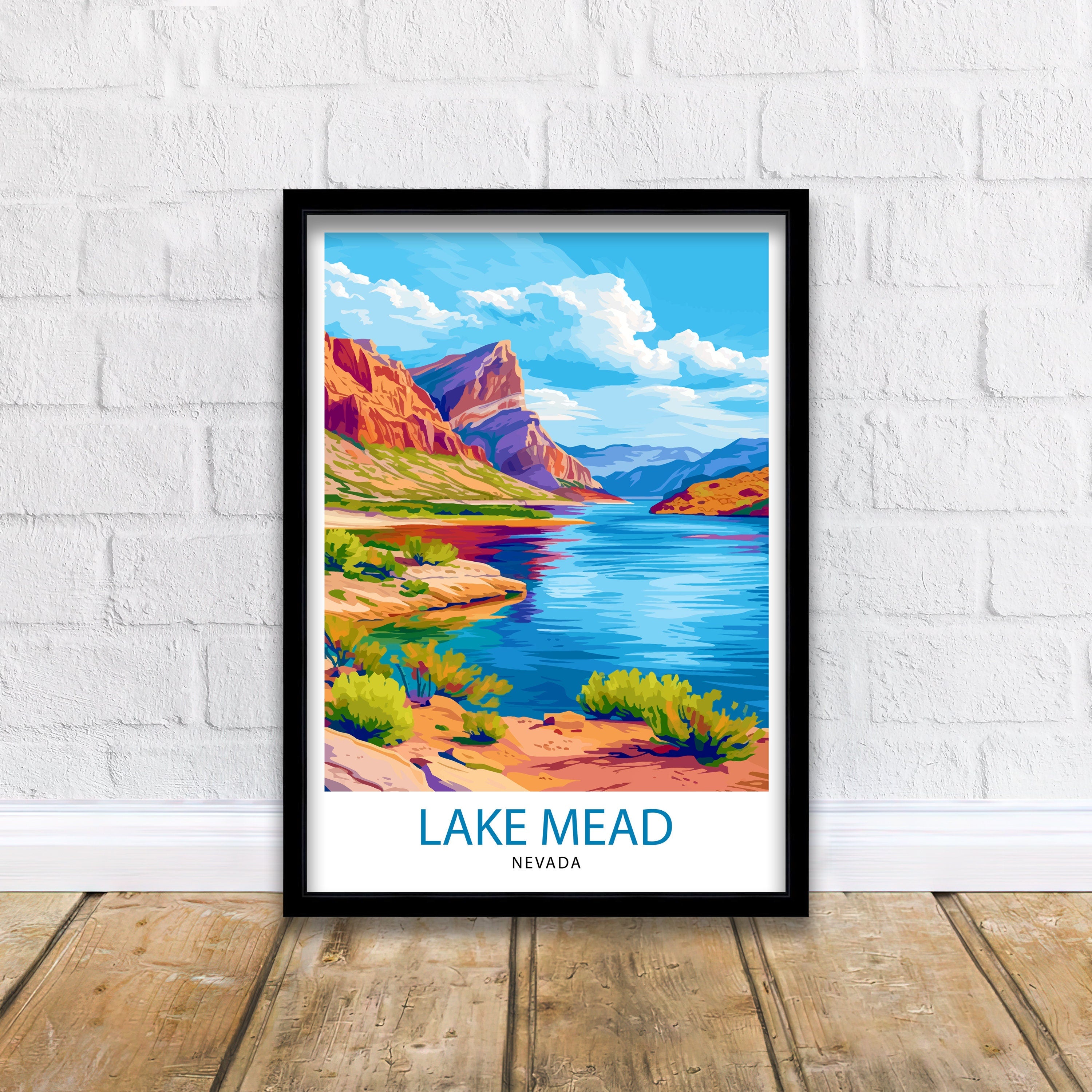 Lake Mead Nevada Print Desert Reservoir Art Hoover Dam Poster Recreational Area Wall Decor Southwest Landscape Illustration Water