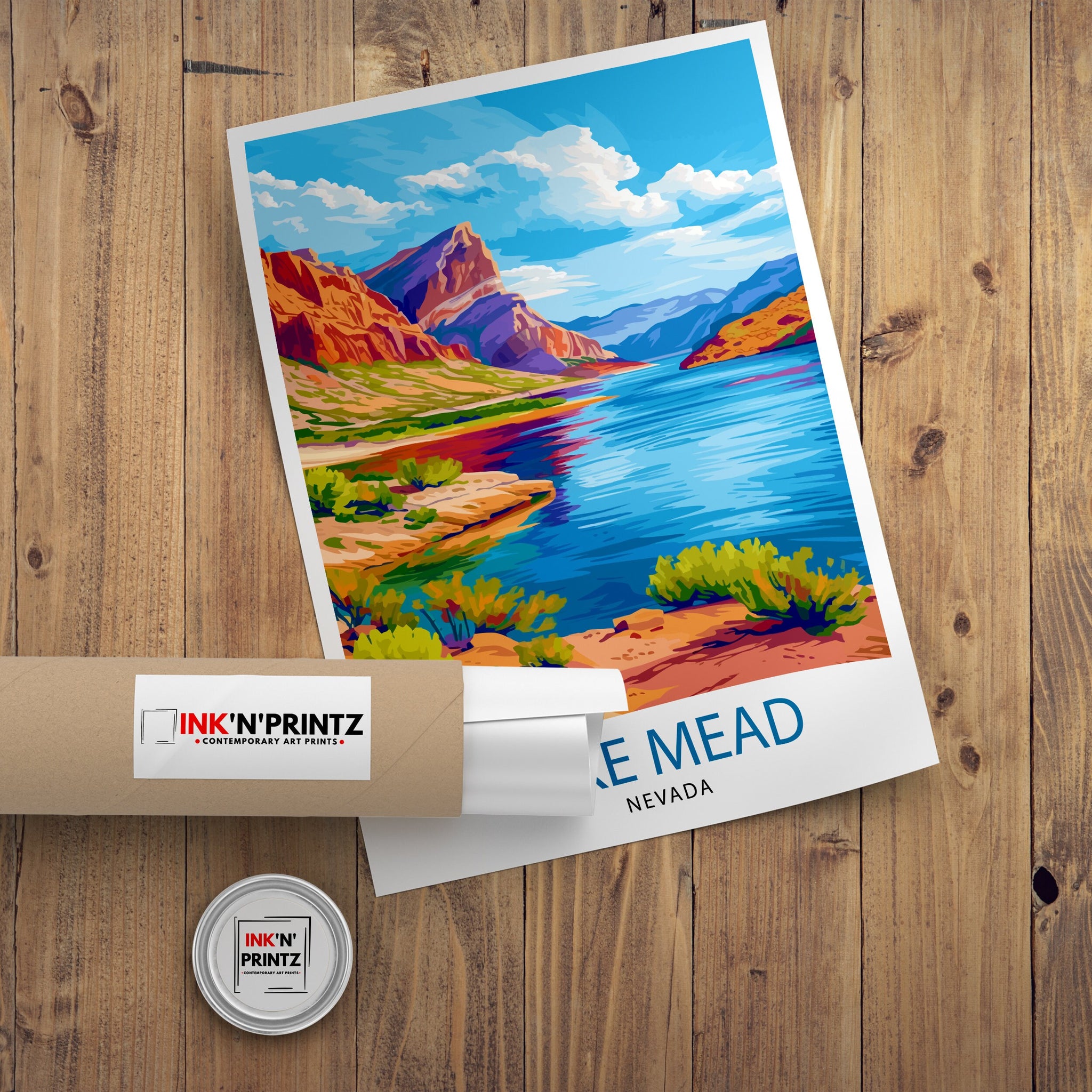 Lake Mead Nevada Print Desert Reservoir Art Hoover Dam Poster Recreational Area Wall Decor Southwest Landscape Illustration Water