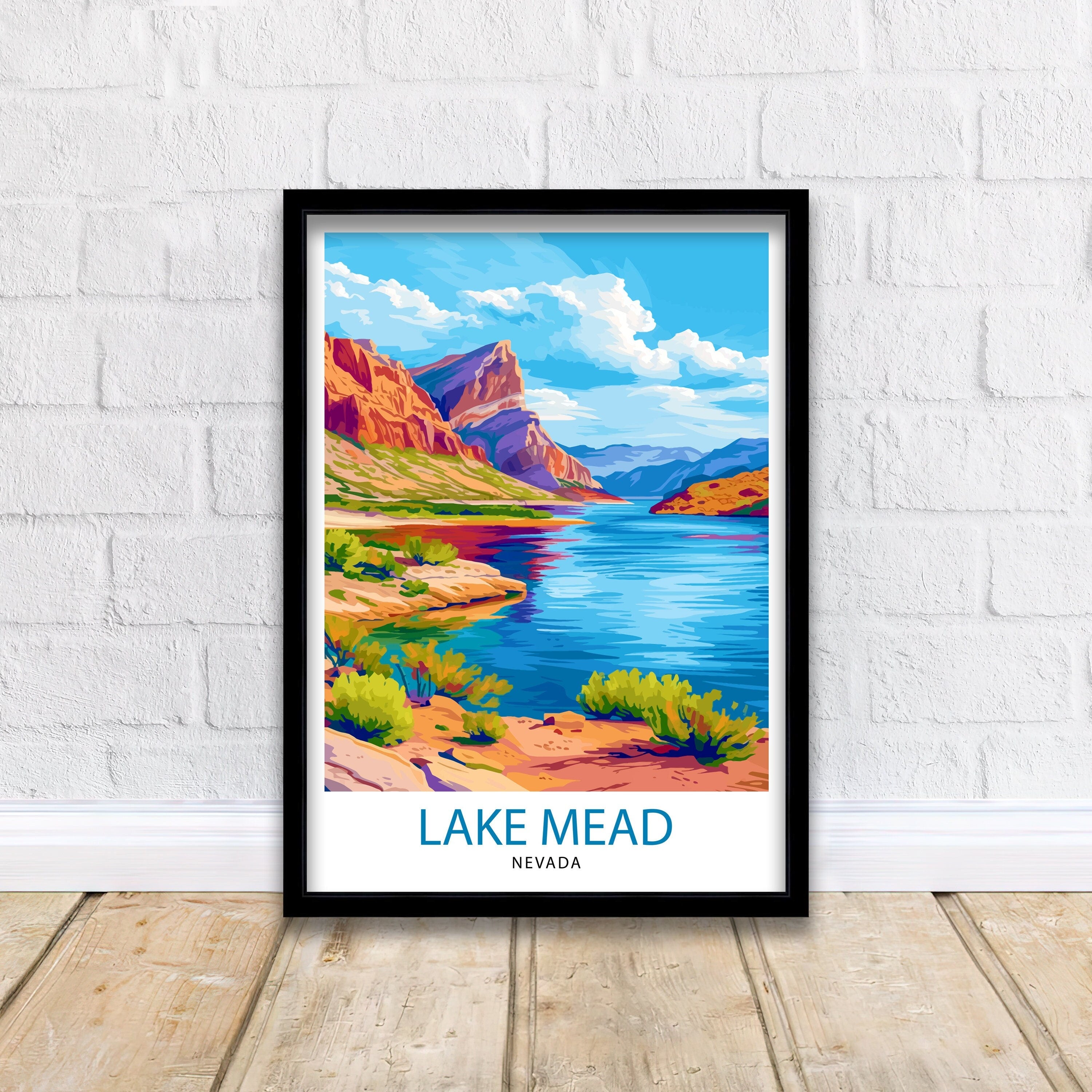 Lake Mead Nevada Print Desert Reservoir Art Hoover Dam Poster Recreational Area Wall Decor Southwest Landscape Illustration Water