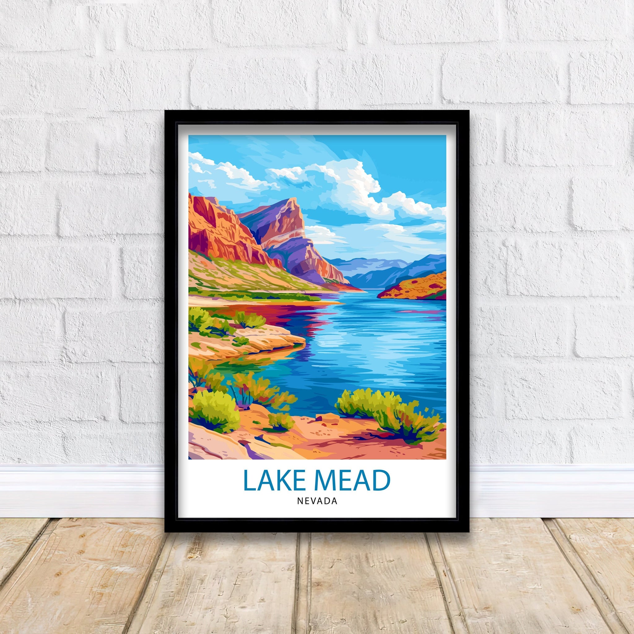Lake Mead Nevada Print Desert Reservoir Art Hoover Dam Poster Recreational Area Wall Decor Southwest Landscape Illustration Water