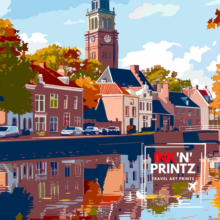 Delft Netherlands Travel Poster Historic City Art Blue Pottery Poster Dutch Canal