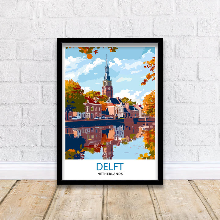 Delft Netherlands Travel Poster Historic City Art Blue Pottery Poster Dutch Canal