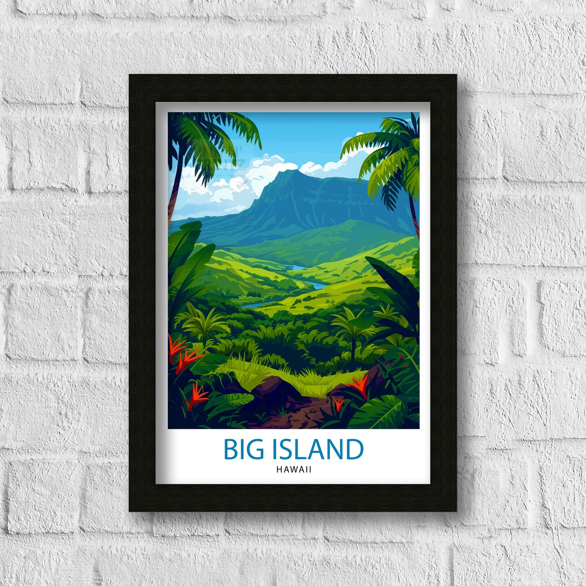 Big Island Hawaii Print| Volcanic Landscape Art Hawaiian Beach Poster Tropical Paradise Wall Decor Pacific Ocean Illustration