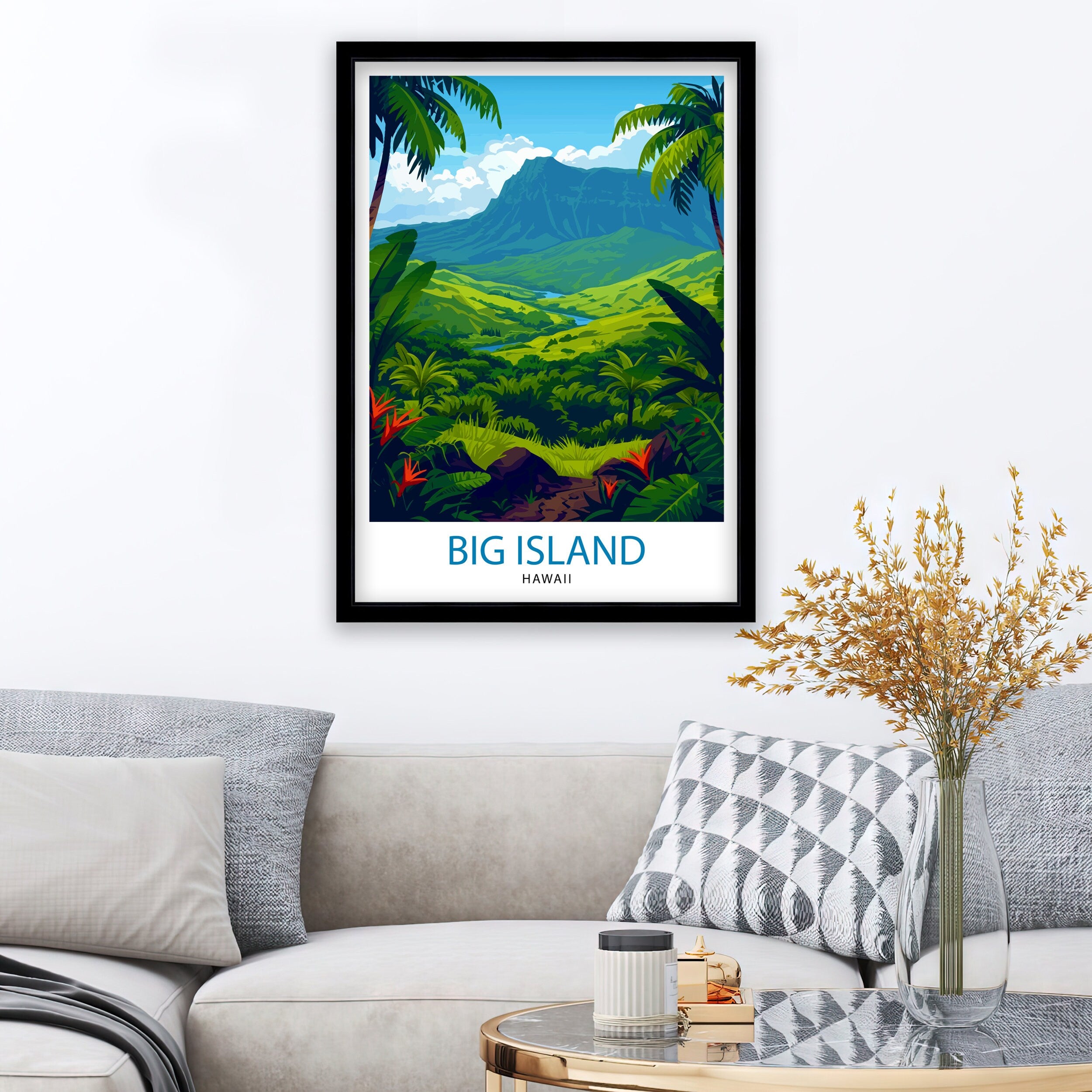 Big Island Hawaii Print| Volcanic Landscape Art Hawaiian Beach Poster Tropical Paradise Wall Decor Pacific Ocean Illustration