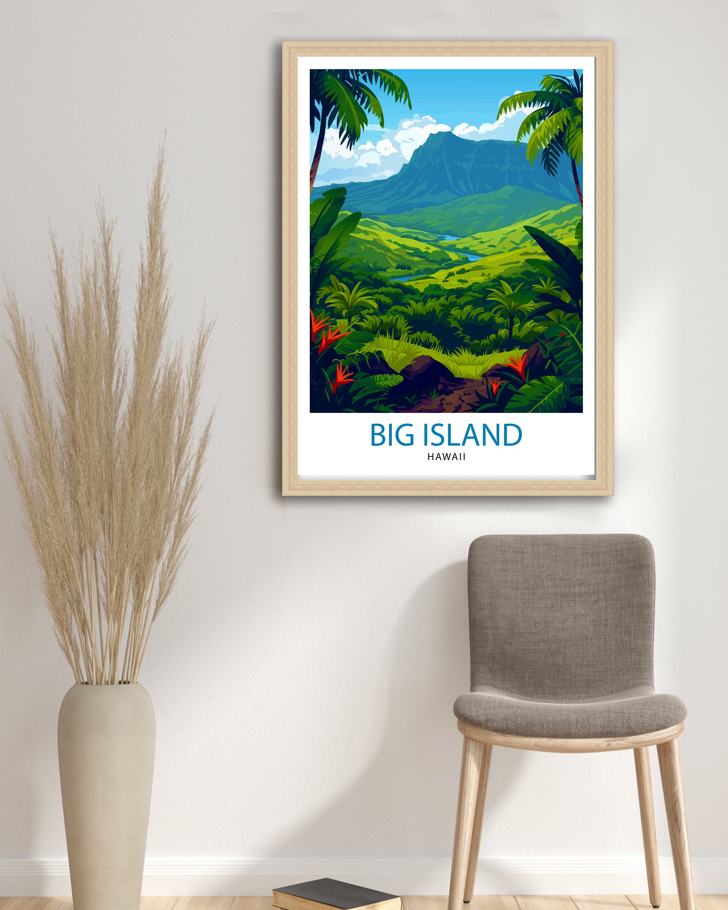Big Island Hawaii Print| Volcanic Landscape Art Hawaiian Beach Poster Tropical Paradise Wall Decor Pacific Ocean Illustration