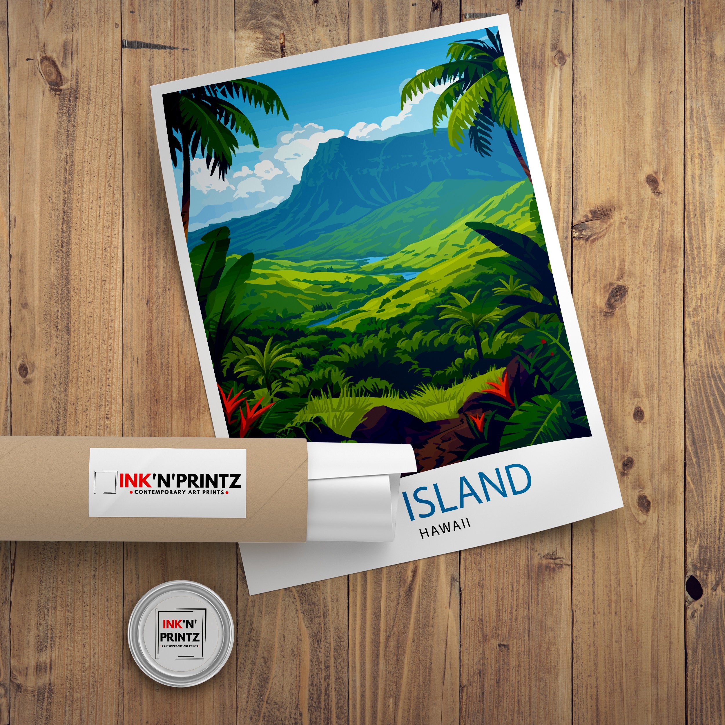 Big Island Hawaii Print| Volcanic Landscape Art Hawaiian Beach Poster Tropical Paradise Wall Decor Pacific Ocean Illustration
