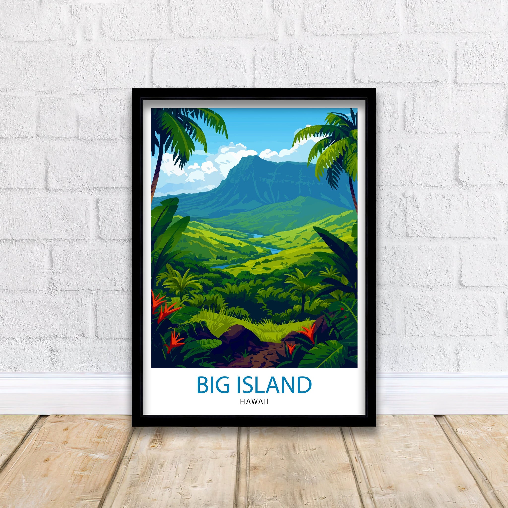 Big Island Hawaii Print| Volcanic Landscape Art Hawaiian Beach Poster Tropical Paradise Wall Decor Pacific Ocean Illustration