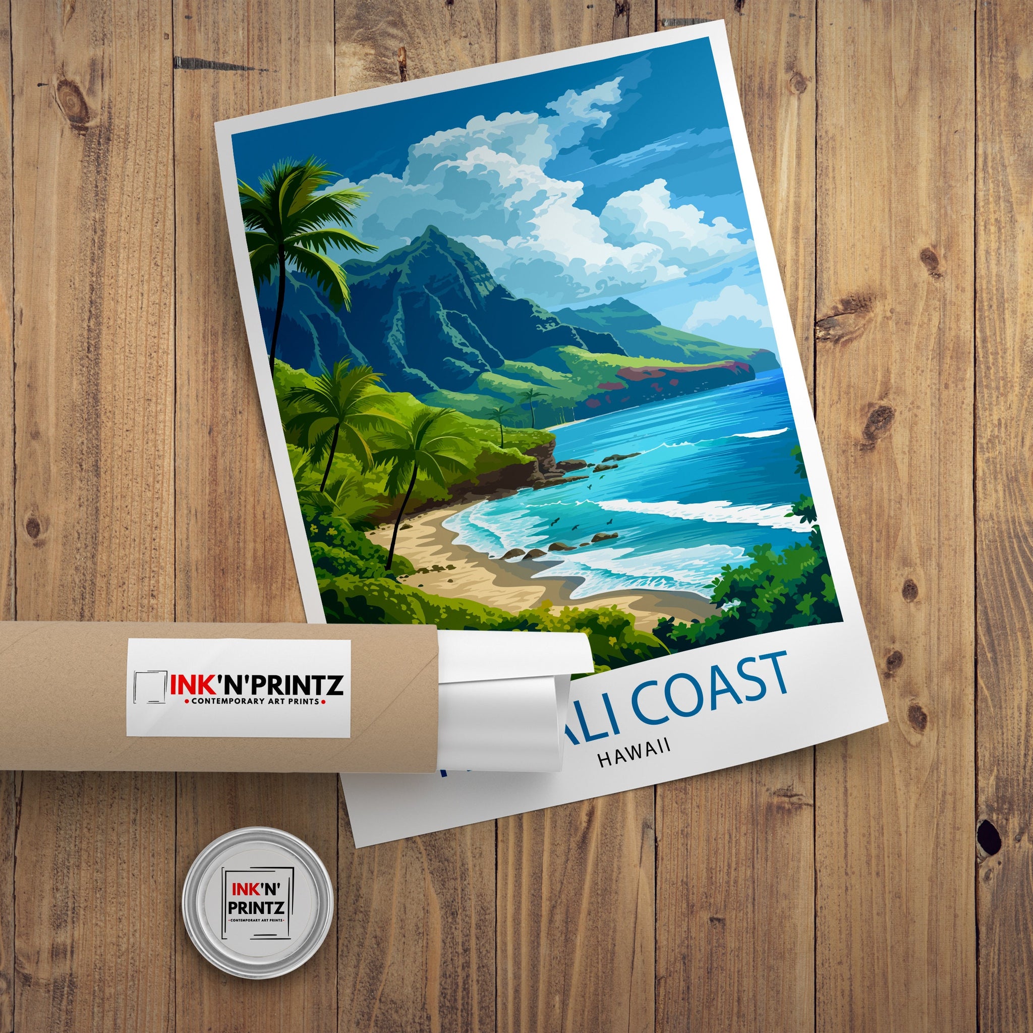Napali Coast Hawaii Print Kauai Island Art Hawaiian Cliffs Poster Pacific Ocean Wall Decor Tropical Paradise Illustration Adventure Travel