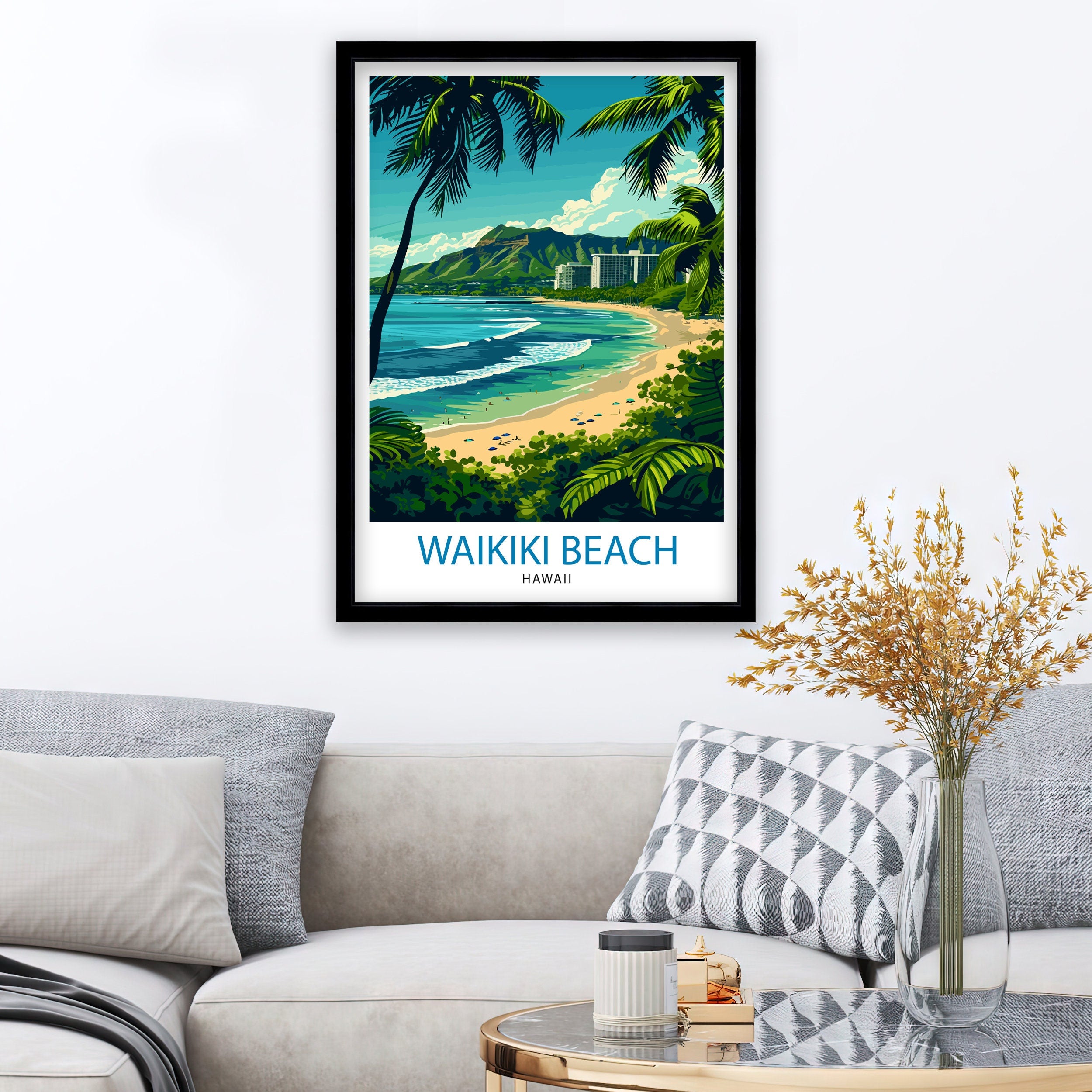 Waikiki Beach Oahu Travel Print| Waikiki Wall Decor Waikiki Beach Poster Oahu Travel Prints Waikiki Art Print Waikiki Illustration Waikiki