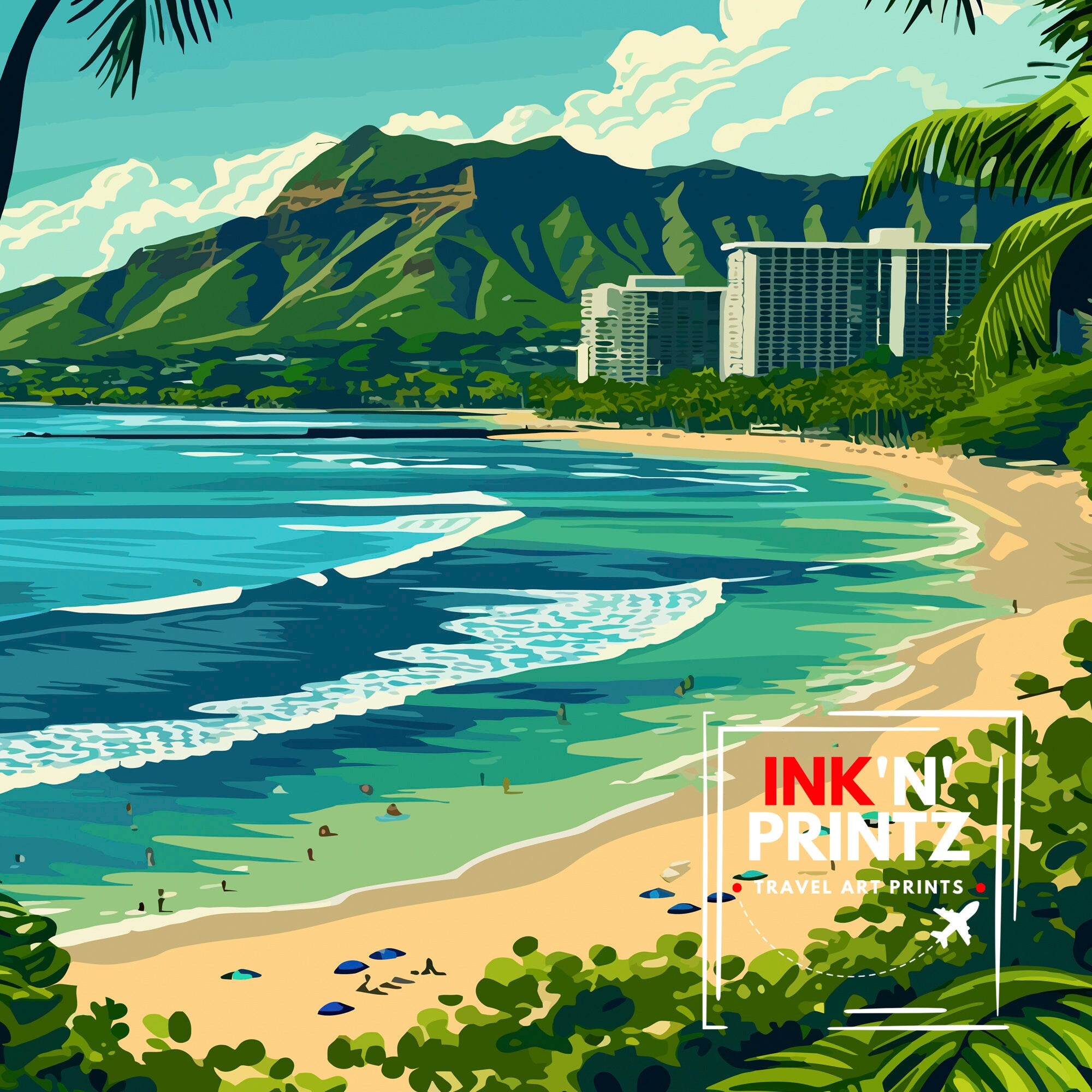 Waikiki Beach Oahu Travel Print| Waikiki Wall Decor Waikiki Beach Poster Oahu Travel Prints Waikiki Art Print Waikiki Illustration Waikiki