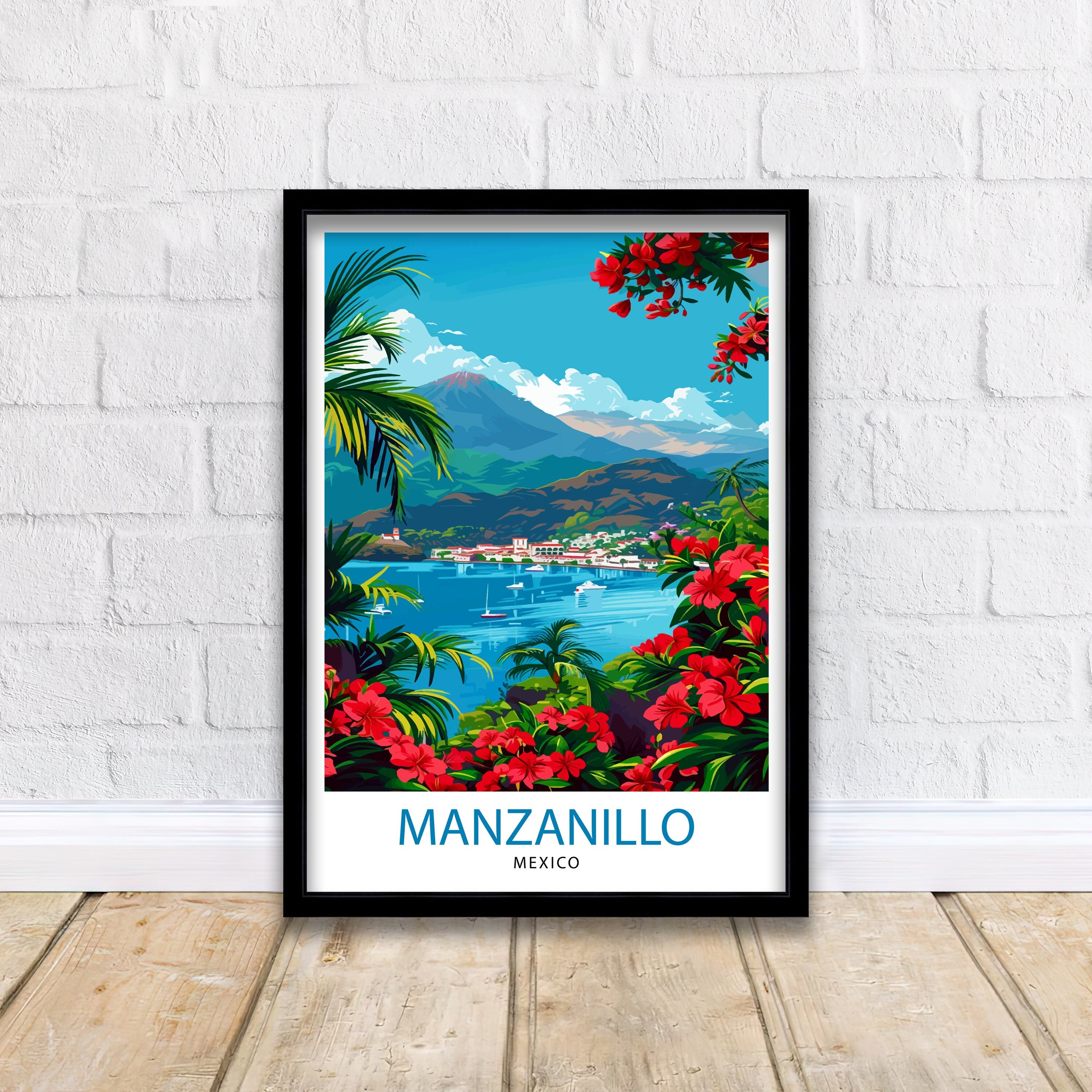 Manzanillo Mexico Travel Poster Tropical Paradise Art Mexican Beach Resort Print Pacific Coast Wall Decor Exotic Destination Illustration