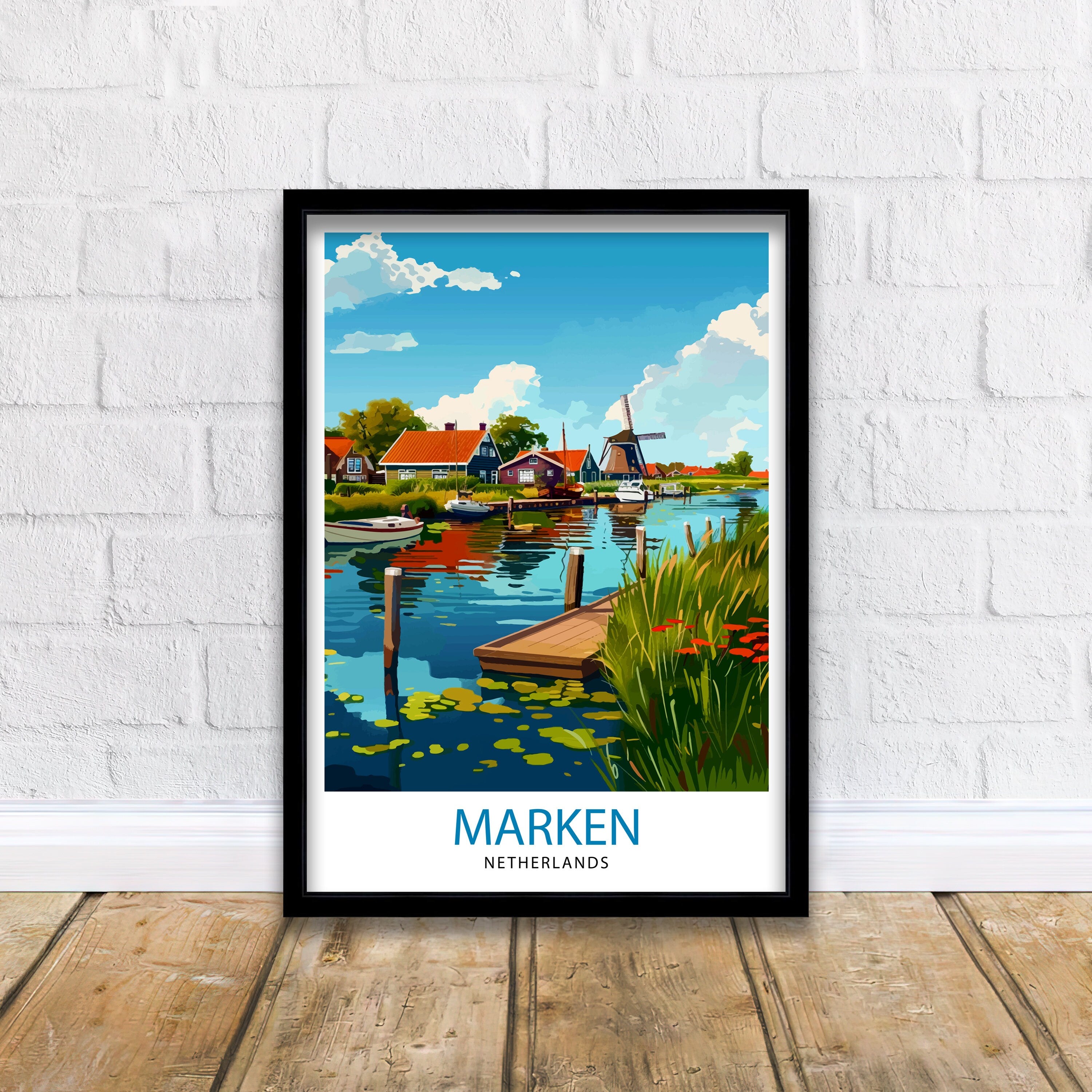 Marken Netherlands Art Poster Dutch Village Charm Print Traditional Houses Wall Decor Netherlands Seaside Illustration Cultural Heritage