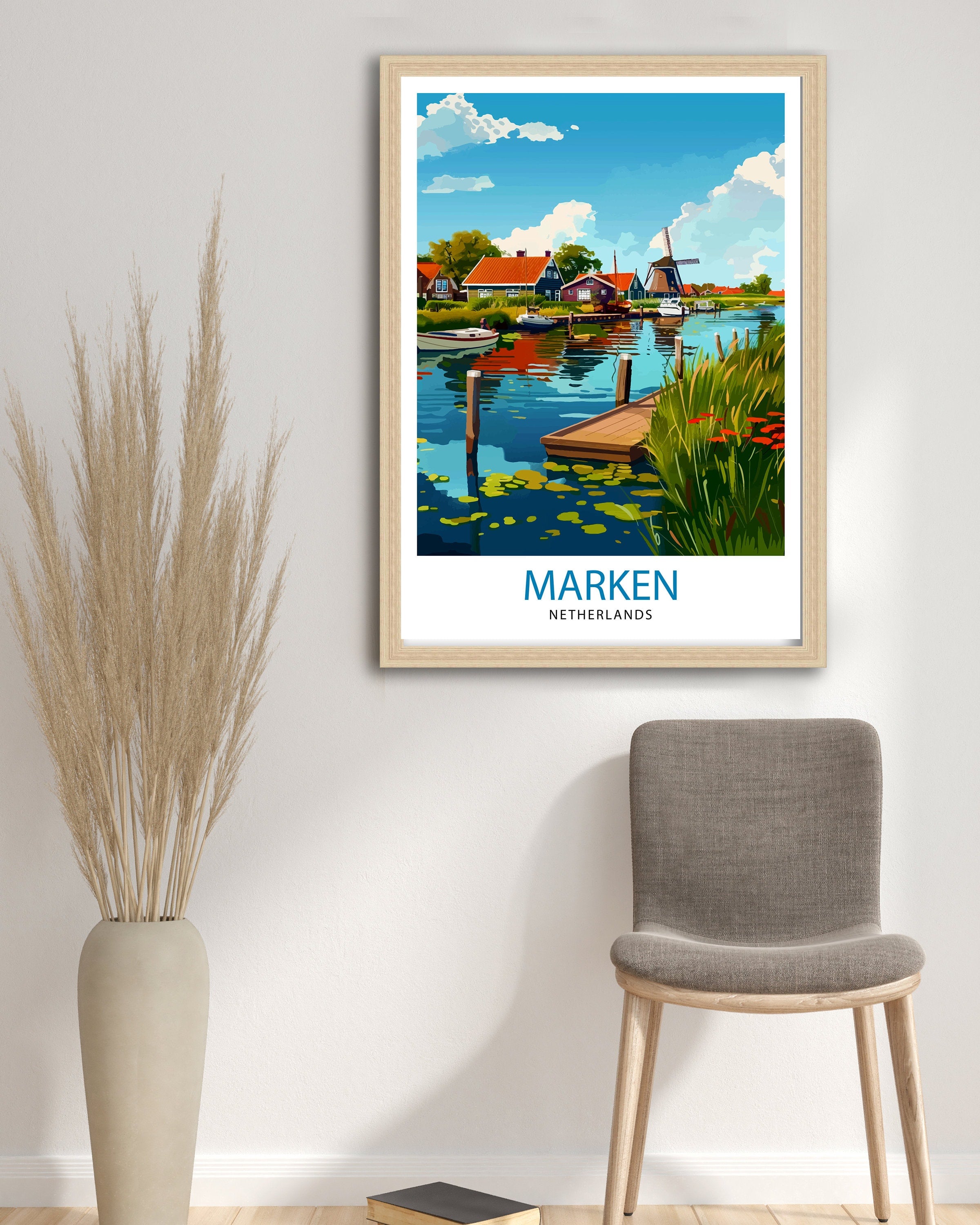 Marken Netherlands Art Poster Dutch Village Charm Print Traditional Houses Wall Decor Netherlands Seaside Illustration Cultural Heritage
