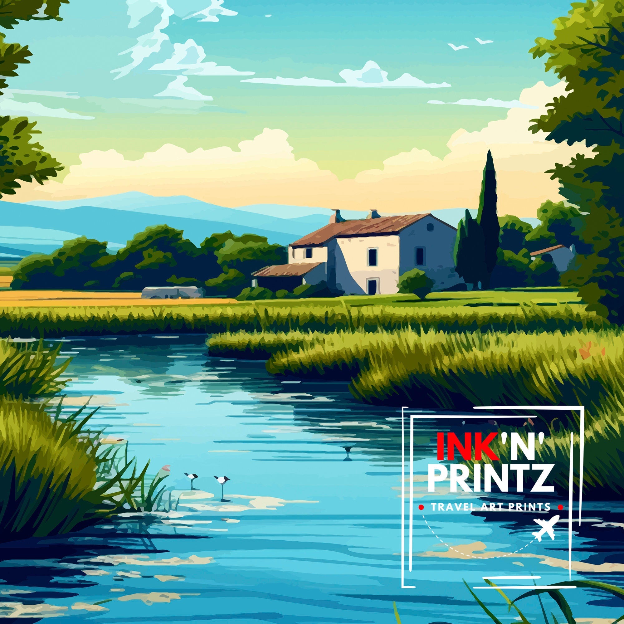 Camargue France Print Wild Wetlands Art Provence Nature Poster Flamingo Sanctuary Wall Decor French Delta Landscape Rhone River Estuary
