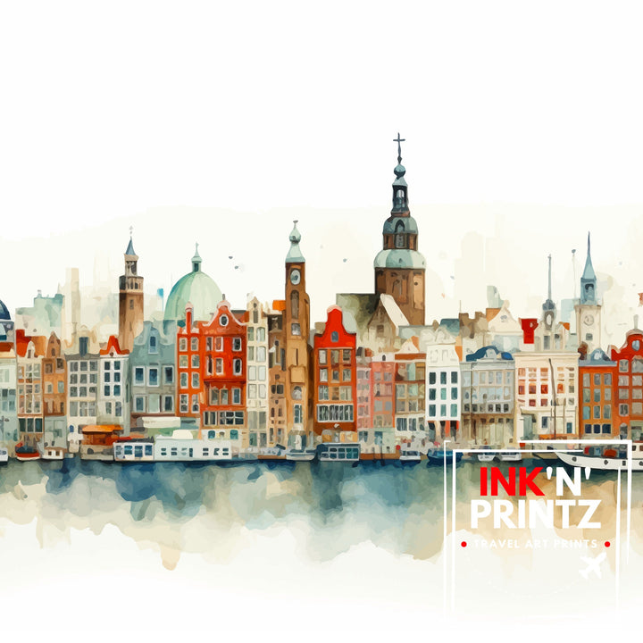 Amsterdam Skyline Poster Dutch Cityscape Art Canal Houses Poster Netherlands Urban Decor Amsterdam Landmarks Illustration European City Wall