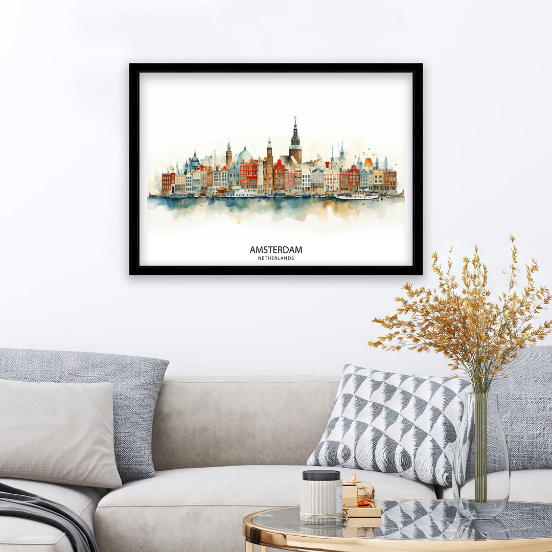 Amsterdam Skyline Poster Dutch Cityscape Art Canal Houses Poster Netherlands Urban Decor Amsterdam Landmarks Illustration European City Wall