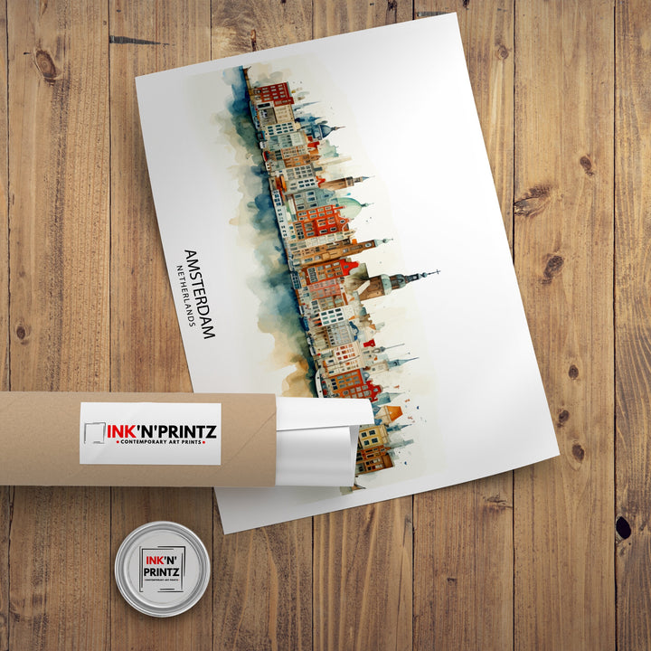 Amsterdam Skyline Poster Dutch Cityscape Art Canal Houses Poster Netherlands Urban Decor Amsterdam Landmarks Illustration European City Wall