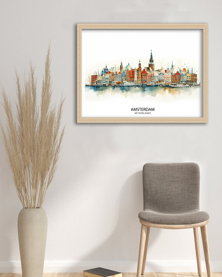 Amsterdam Skyline Poster Dutch Cityscape Art Canal Houses Poster Netherlands Urban Decor Amsterdam Landmarks Illustration European City Wall