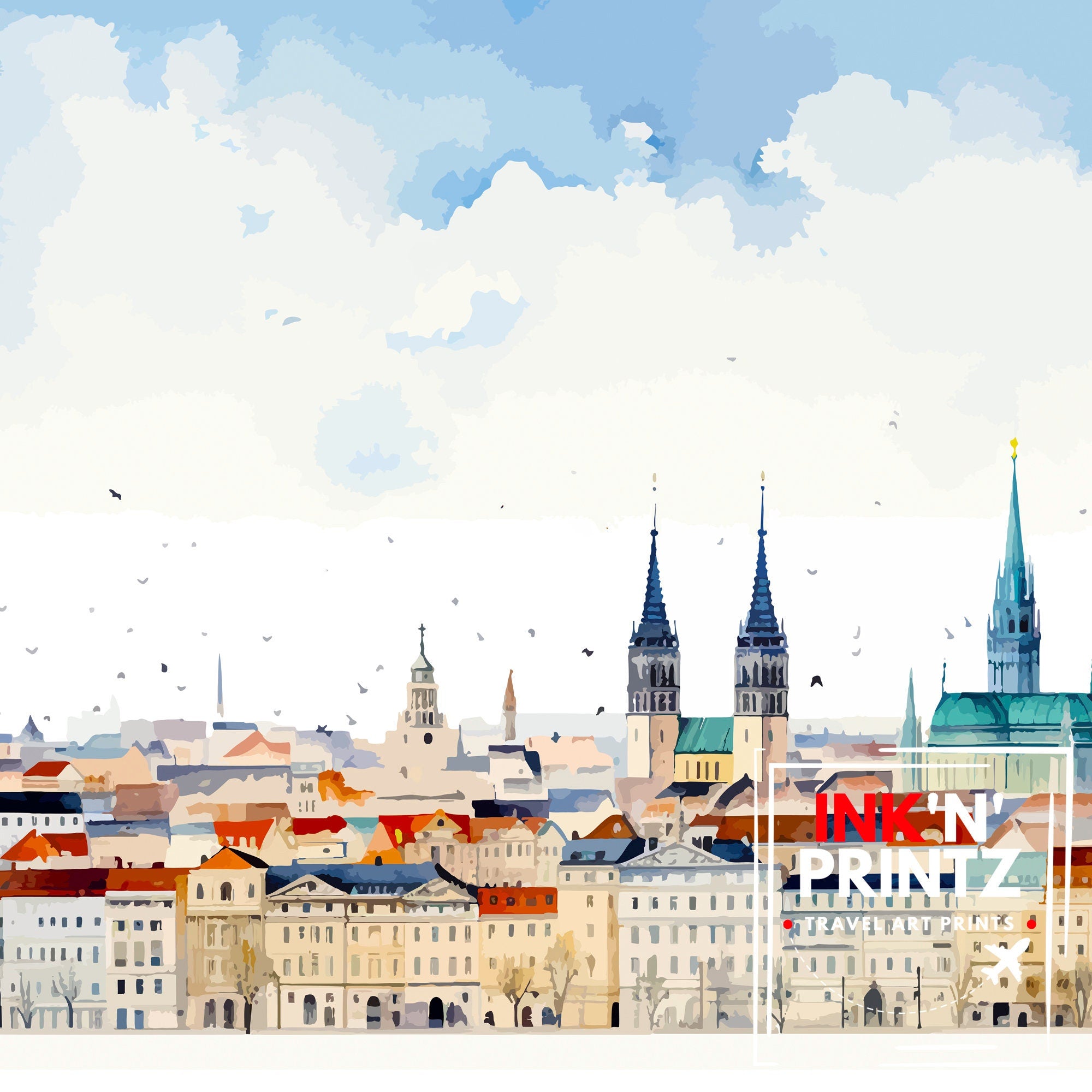 Vienna Skyline Austria Print Imperial Cityscape Art Danube River Poster Austrian Capital Wall Decor Historic Architecture Illustration