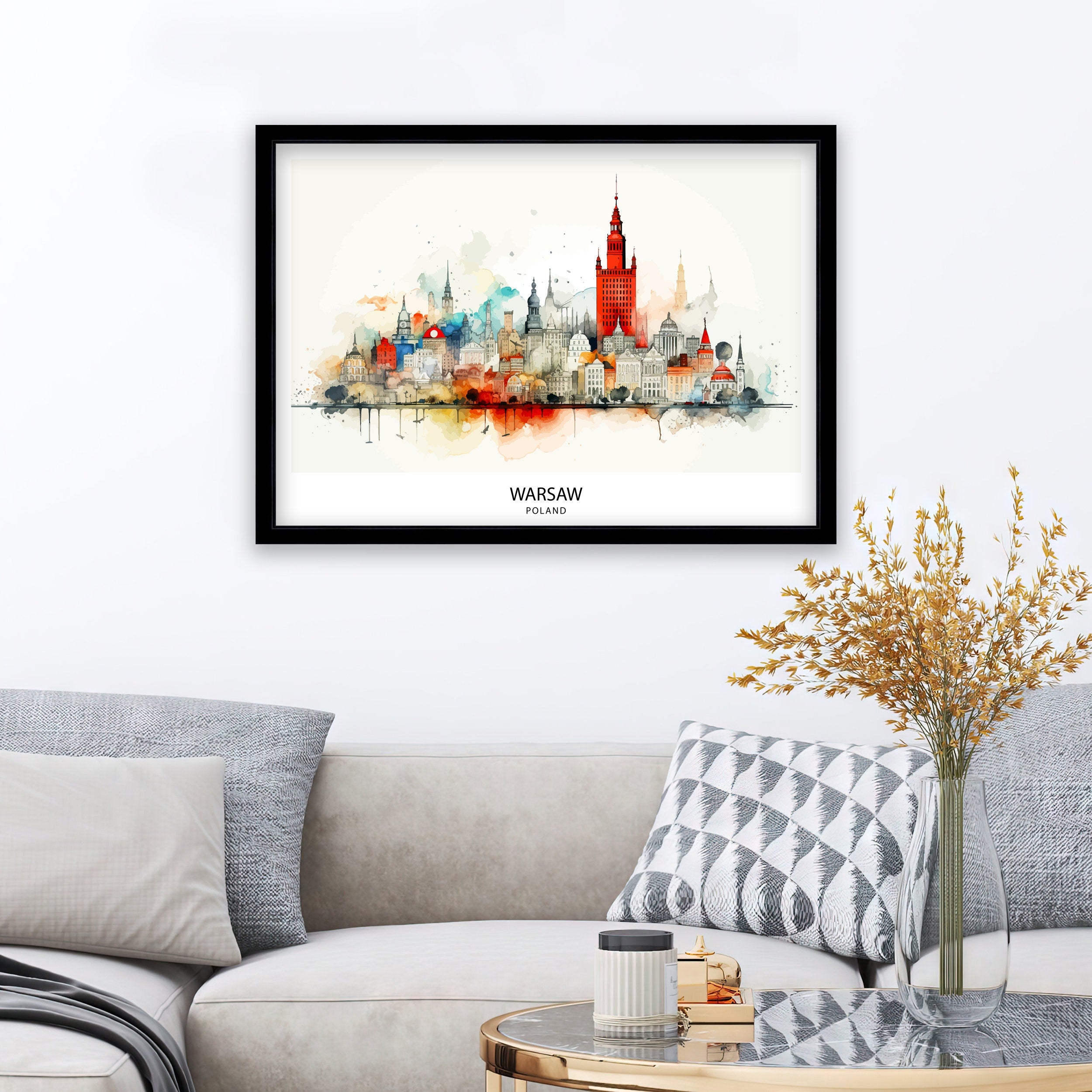 Warsaw Skyline Poland Print Modern Cityscape Art Polish Capital Poster Urban Landscape Wall Decor Historical Monuments Illustration