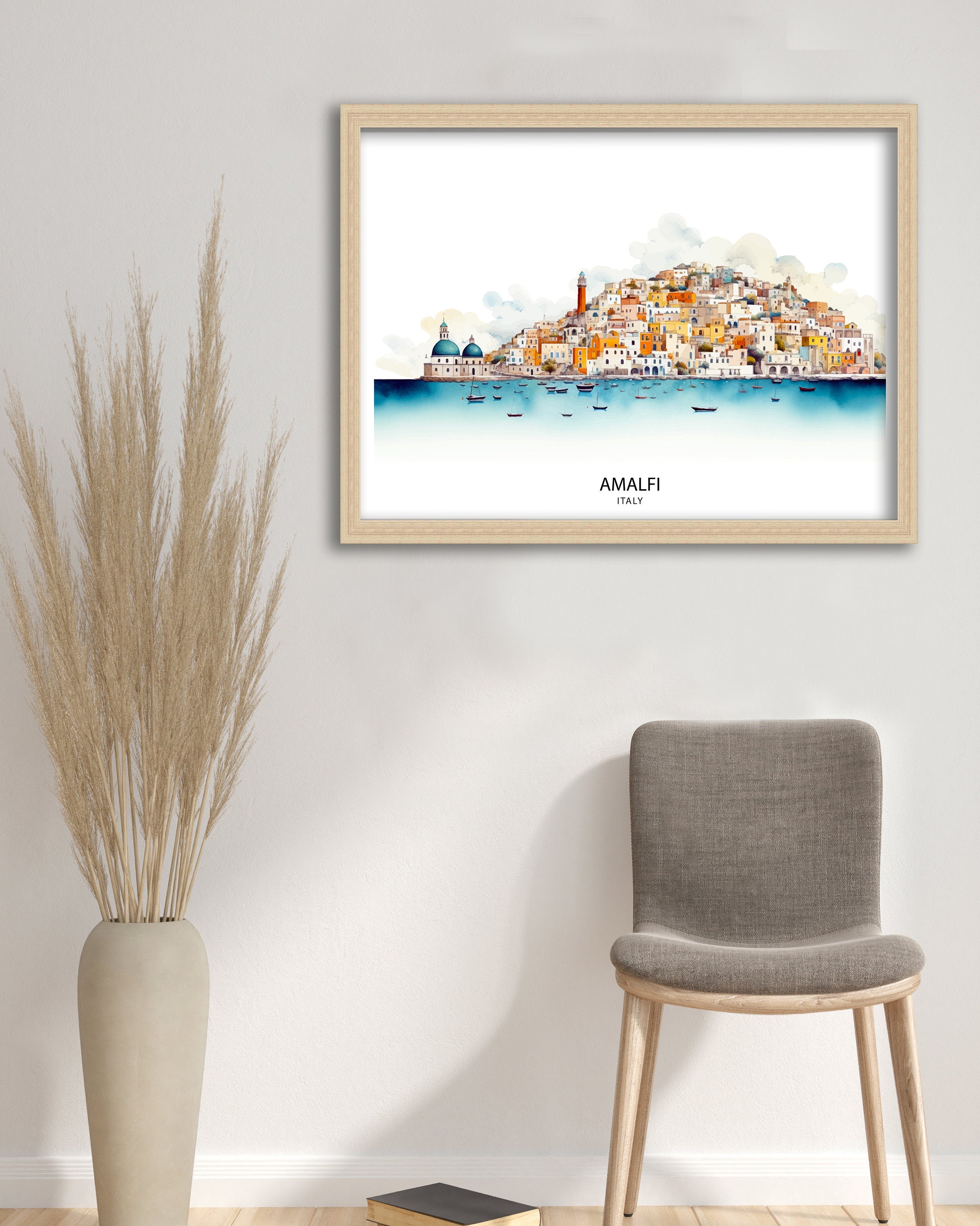 Amalfi Skyline Art Print Italian Seaside Poster Amalfi Skyline Wall Decor Mediterranean Landscape Illustration Italy Coastal Artwork Scenic