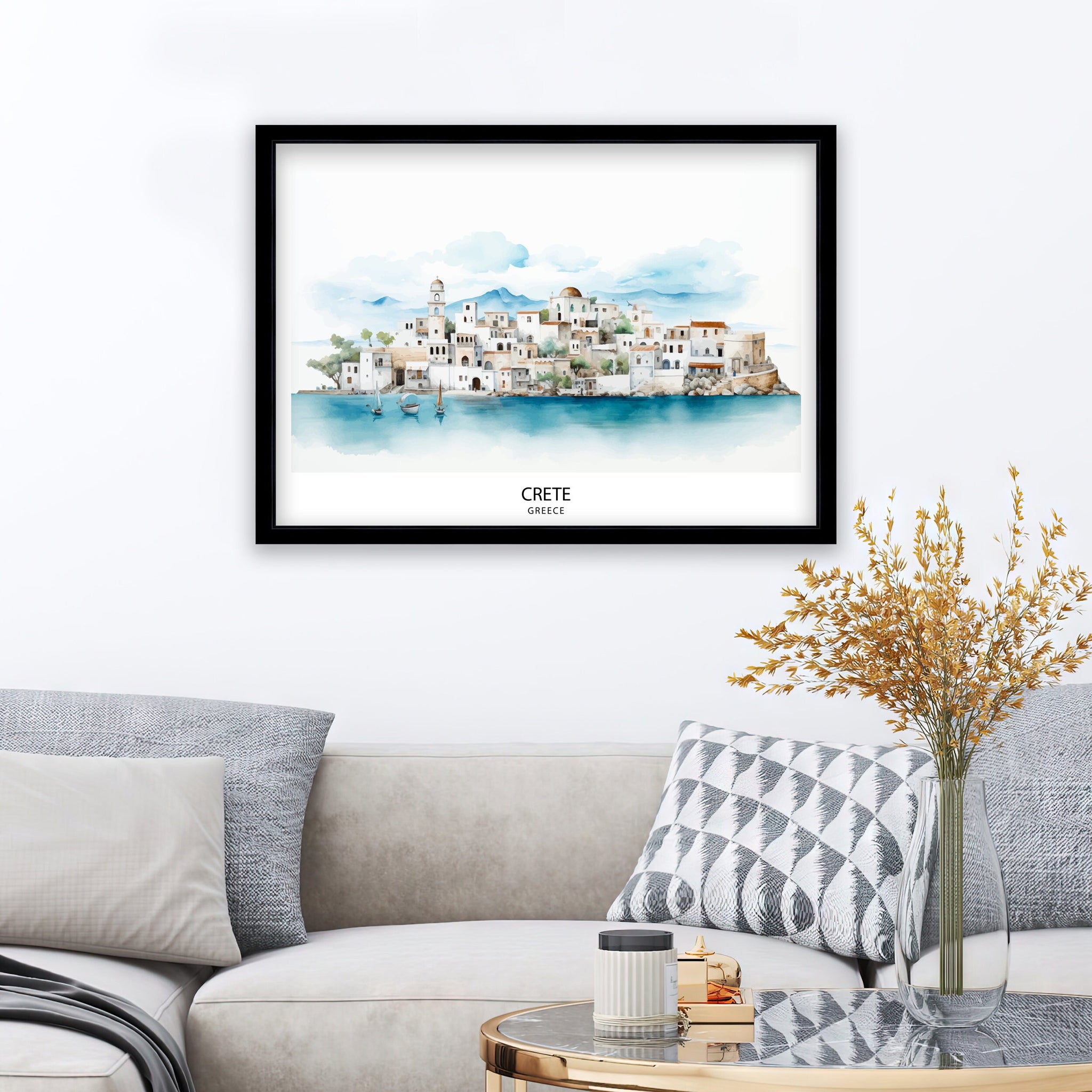 Crete Island Art Print Greek Island Skyline Mediterranean Seascape Poster Crete Landscape Wall Decor Greek Paradise Illustration Aegean Sea