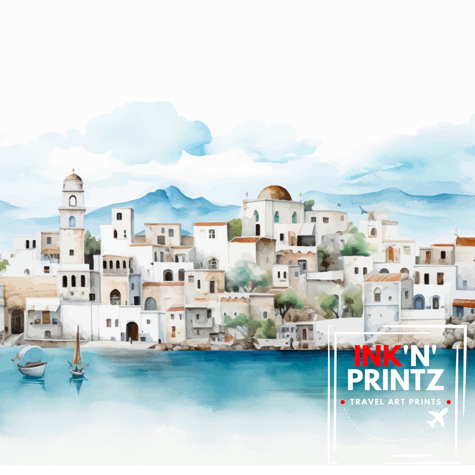 Crete Island Art Print Greek Island Skyline Mediterranean Seascape Poster Crete Landscape Wall Decor Greek Paradise Illustration Aegean Sea