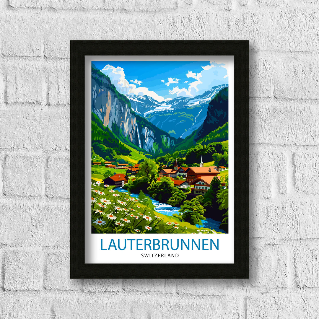 Lauterbrunnen Switzerland Poster Alpine Valley Art Swiss Waterfall Poster Mountain Village