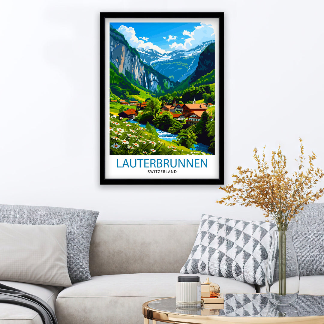 Lauterbrunnen Switzerland Poster Alpine Valley Art Swiss Waterfall Poster Mountain Village