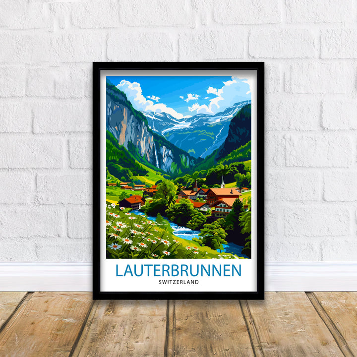 Lauterbrunnen Switzerland Poster Alpine Valley Art Swiss Waterfall Poster Mountain Village