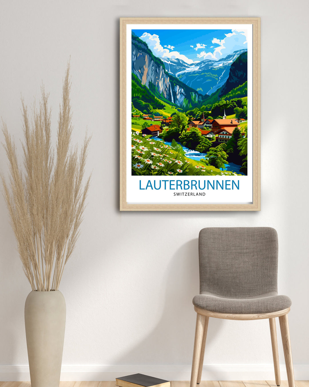 Lauterbrunnen Switzerland Poster Alpine Valley Art Swiss Waterfall Poster Mountain Village