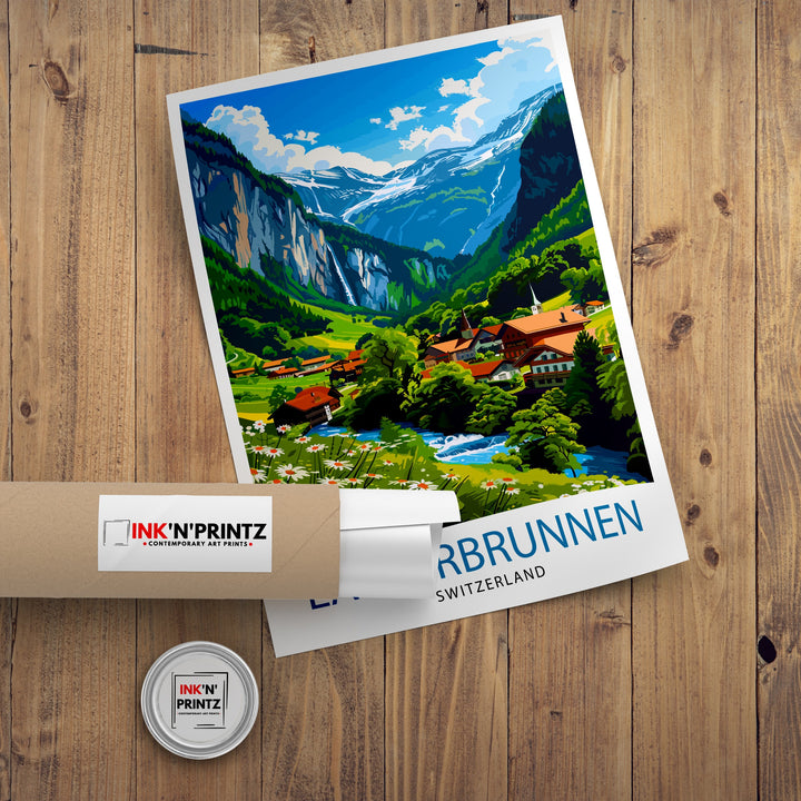 Lauterbrunnen Switzerland Poster Alpine Valley Art Swiss Waterfall Poster Mountain Village