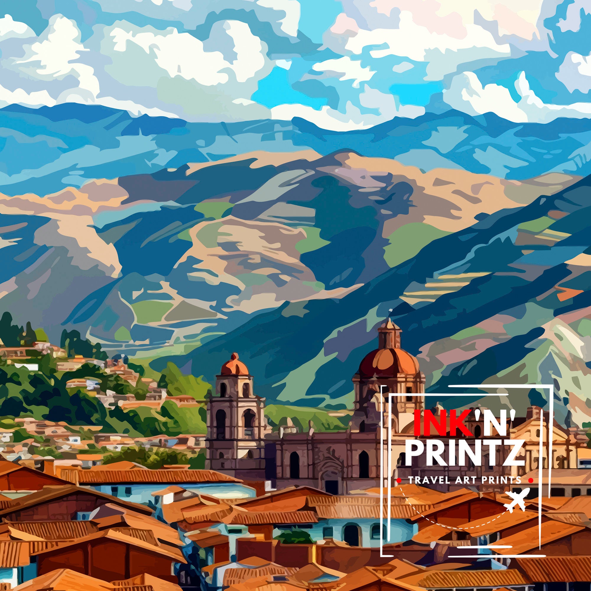 Cusco Peru Travel Print Ancient Inca Capital Art Andean Cityscape Poster Peruvian Culture Wall Decor Sacred Valley Illustration