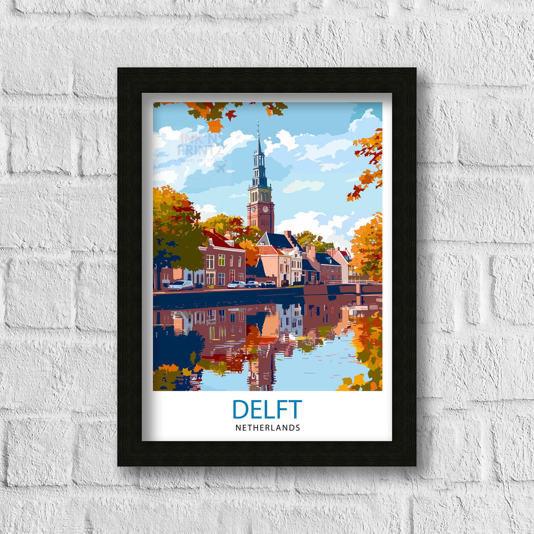 Delft Netherlands Travel Poster Historic City Art Blue Pottery Poster Dutch Canal