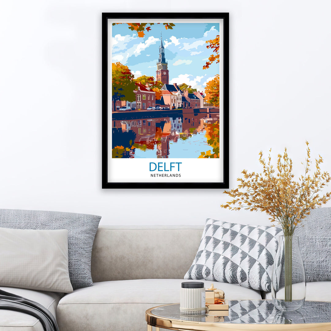 Delft Netherlands Travel Poster Historic City Art Blue Pottery Poster Dutch Canal