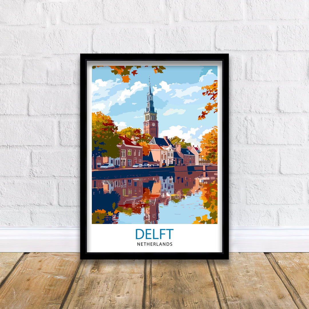 Delft Netherlands Travel Poster Historic City Art Blue Pottery Poster Dutch Canal