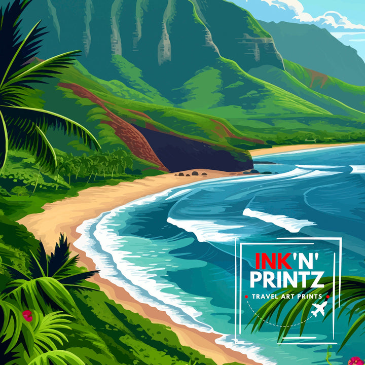 Kauai Hawaii Travel Poster Tropical Paradise Art Na Pali Coast Poster Garden Isle