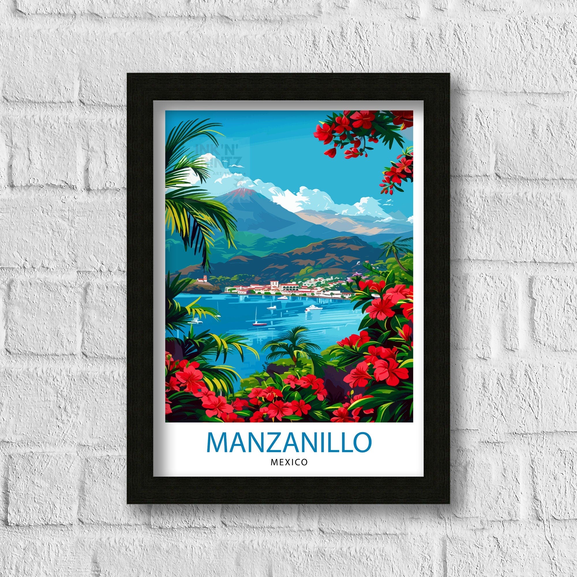 Manzanillo Mexico Travel Poster Tropical Paradise Art Mexican Beach Resort Print Pacific Coast Wall Decor Exotic Destination Illustration