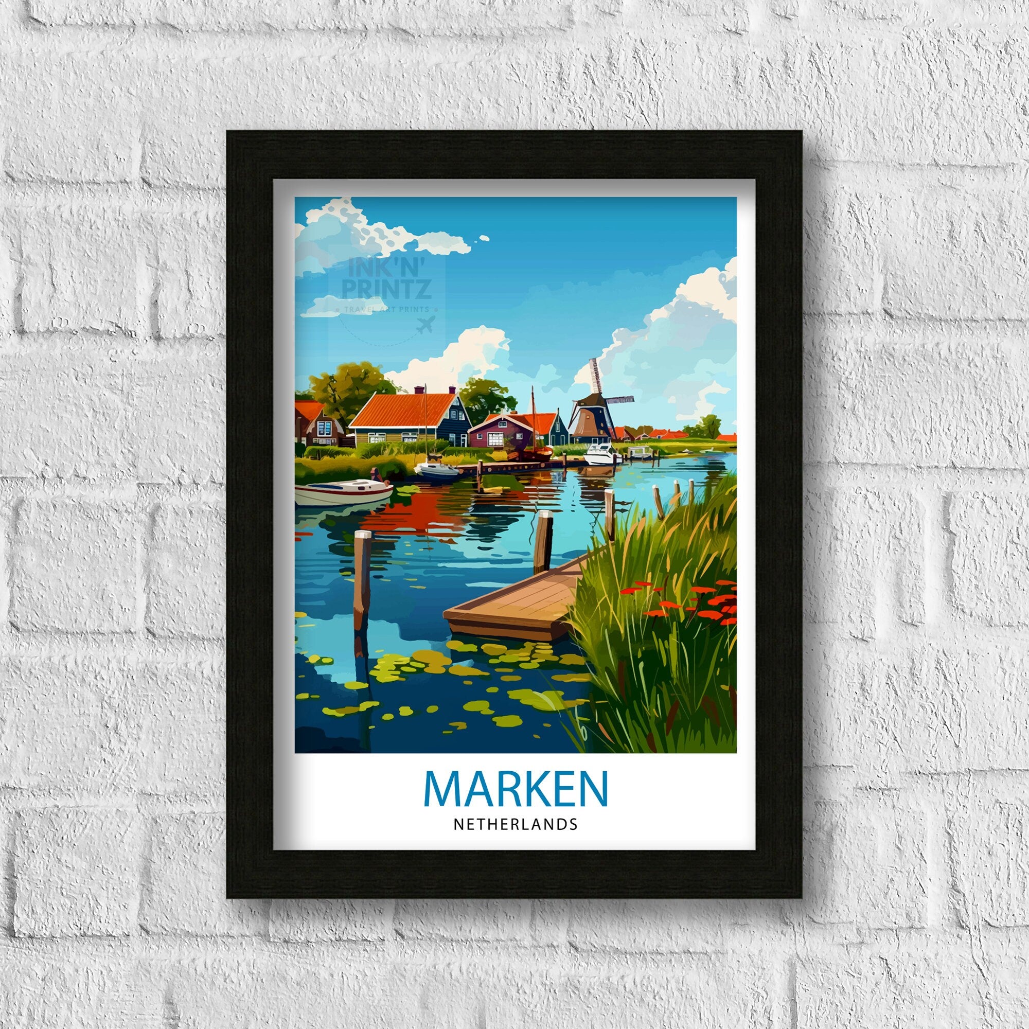 Marken Netherlands Art Poster Dutch Village Charm Print Traditional Houses Wall Decor Netherlands Seaside Illustration Cultural Heritage